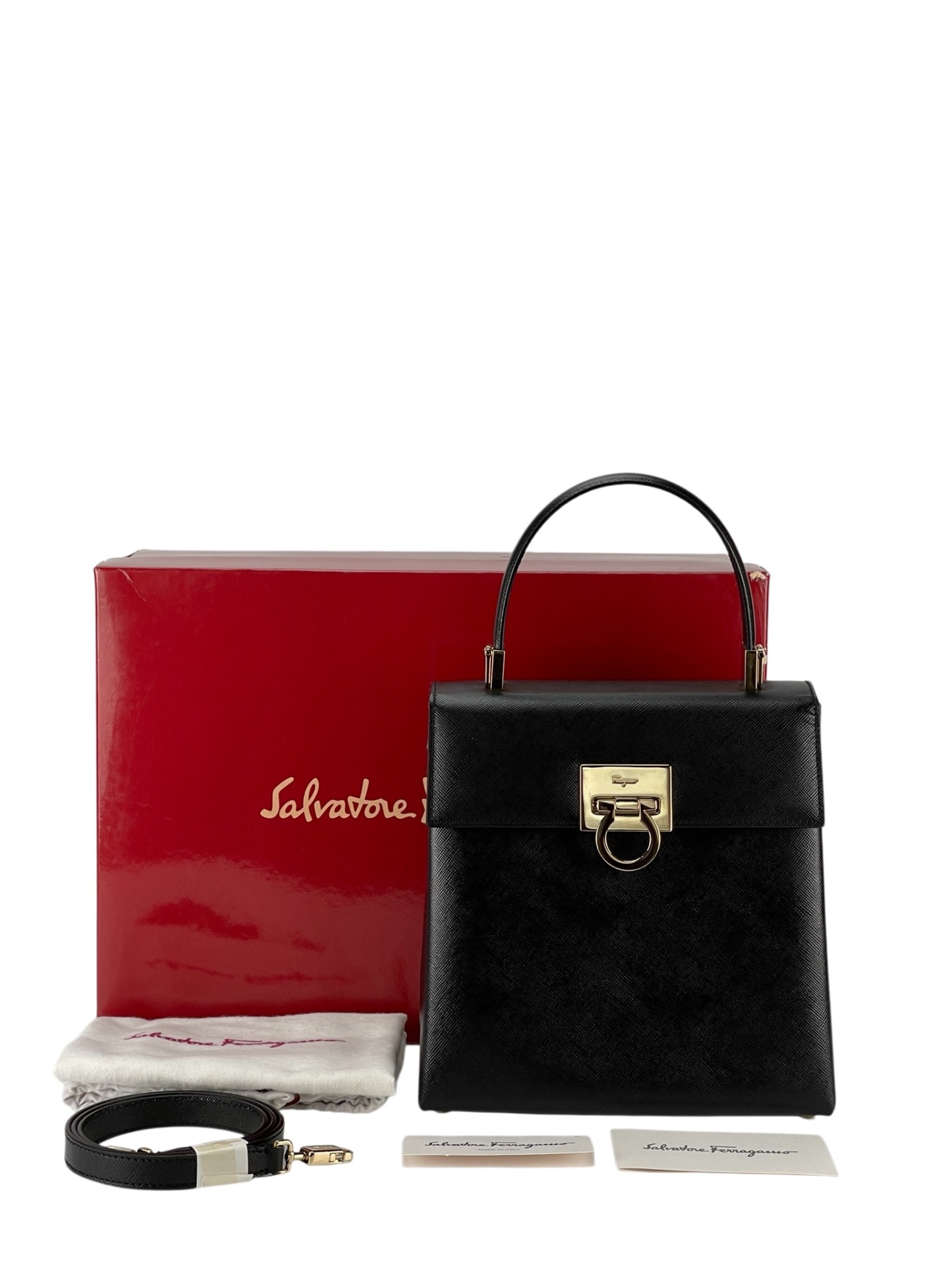 SALVATORE FERRAGAMO - Black Vintage Kelly Top Handle Flip Lock 2way Bag
