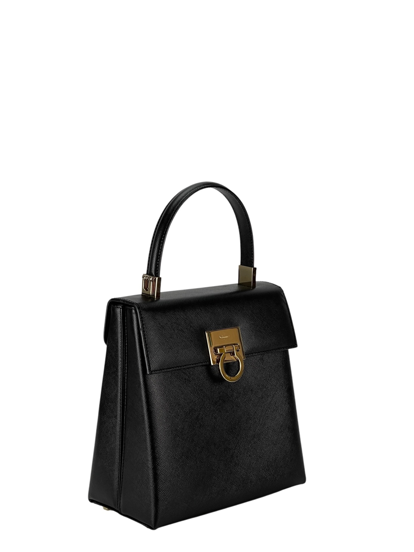 SALVATORE FERRAGAMO - Black Vintage Kelly Top Handle Flip Lock 2way Bag