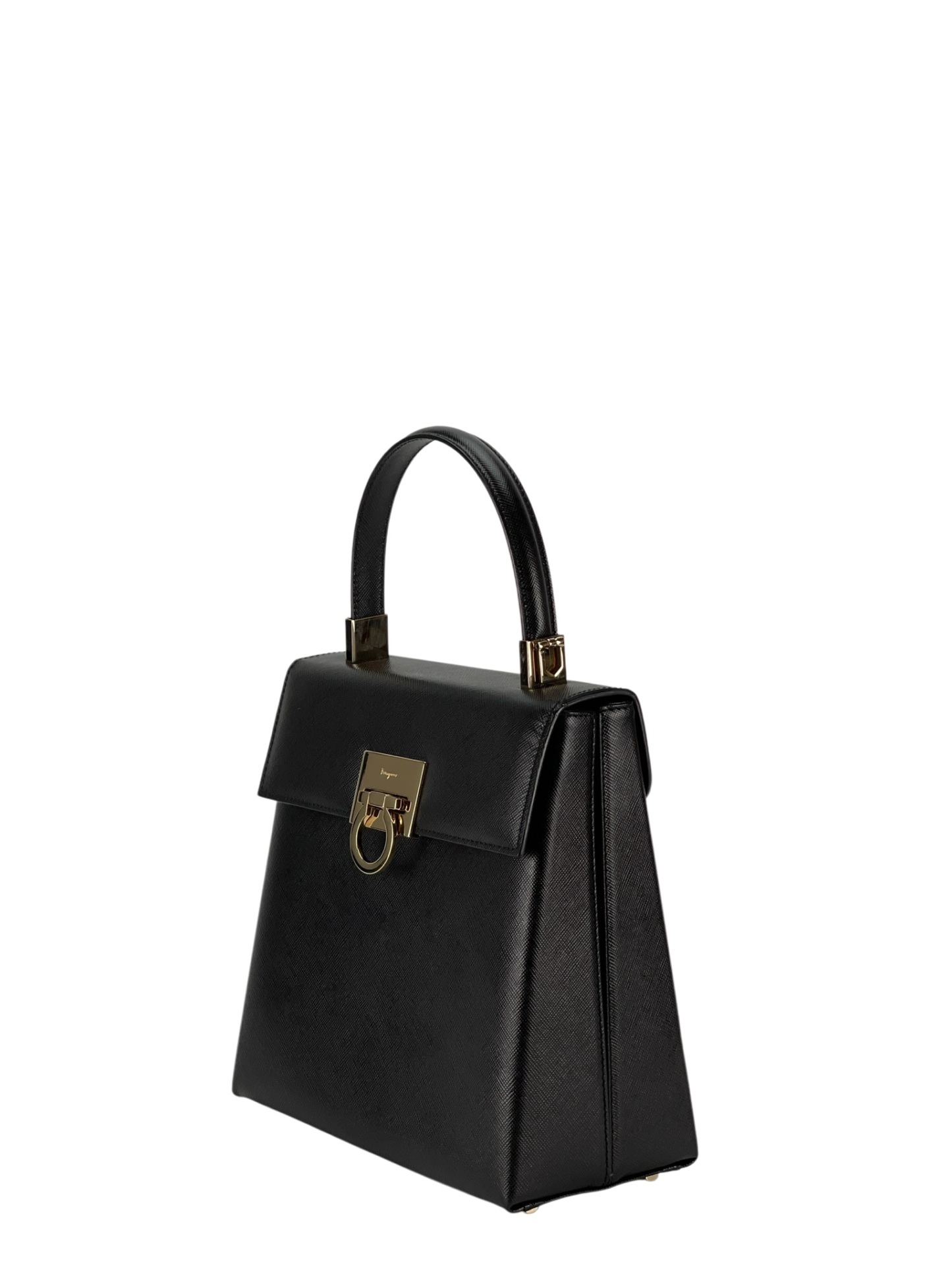 SALVATORE FERRAGAMO - Black Vintage Kelly Top Handle Flip Lock 2way Bag