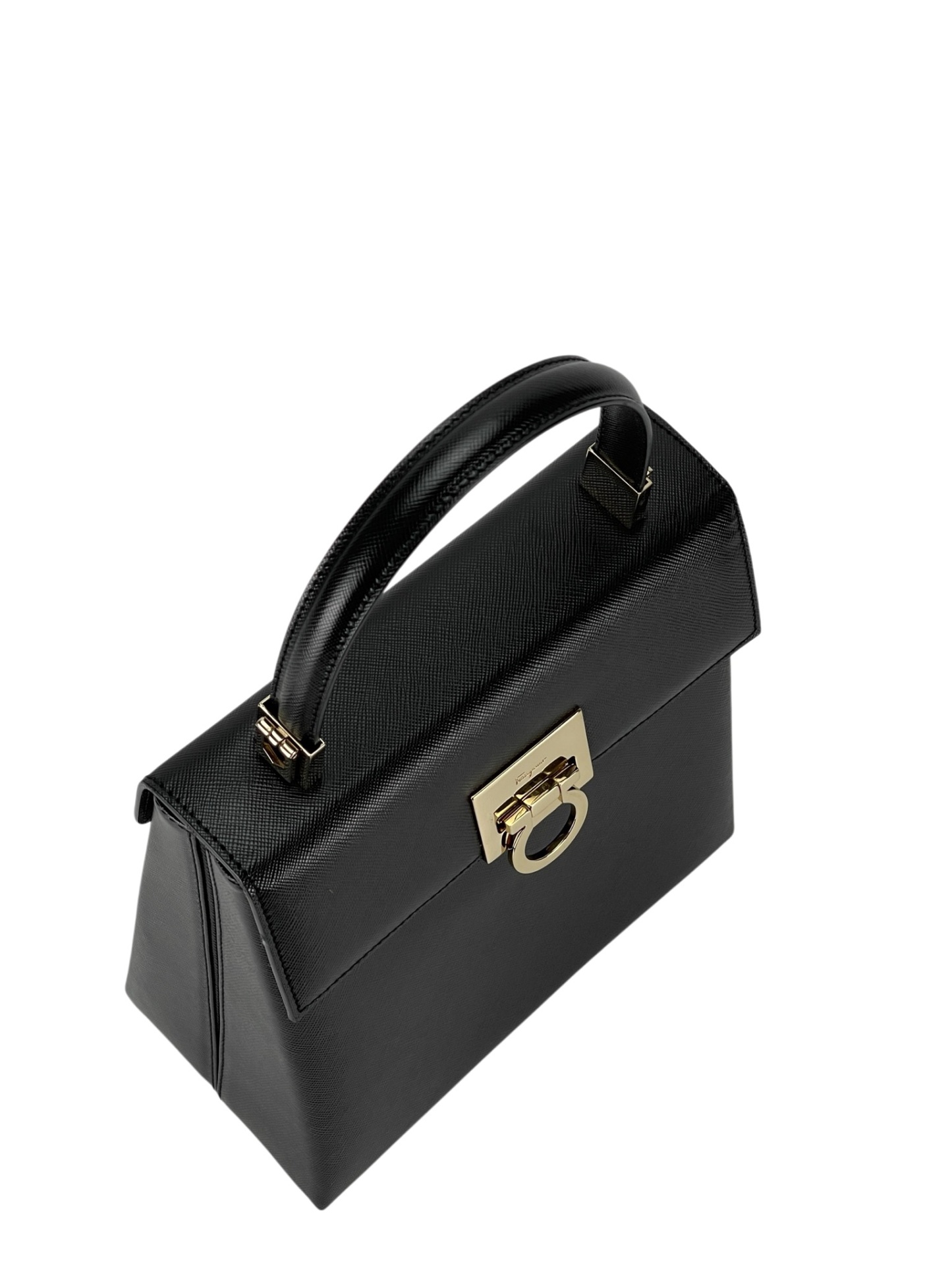 SALVATORE FERRAGAMO - Black Vintage Kelly Top Handle Flip Lock 2way Bag