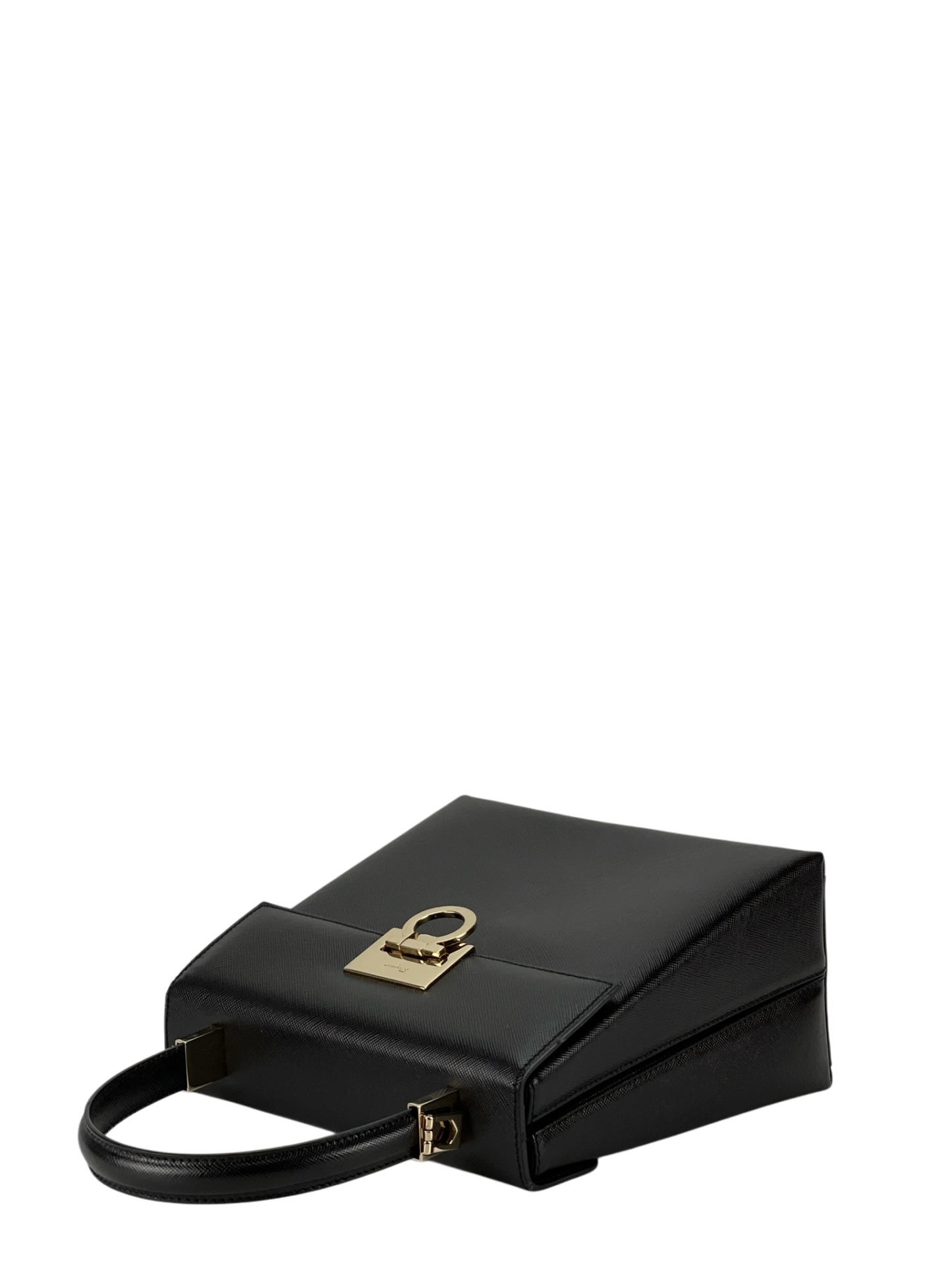 SALVATORE FERRAGAMO - Black Vintage Kelly Top Handle Flip Lock 2way Bag