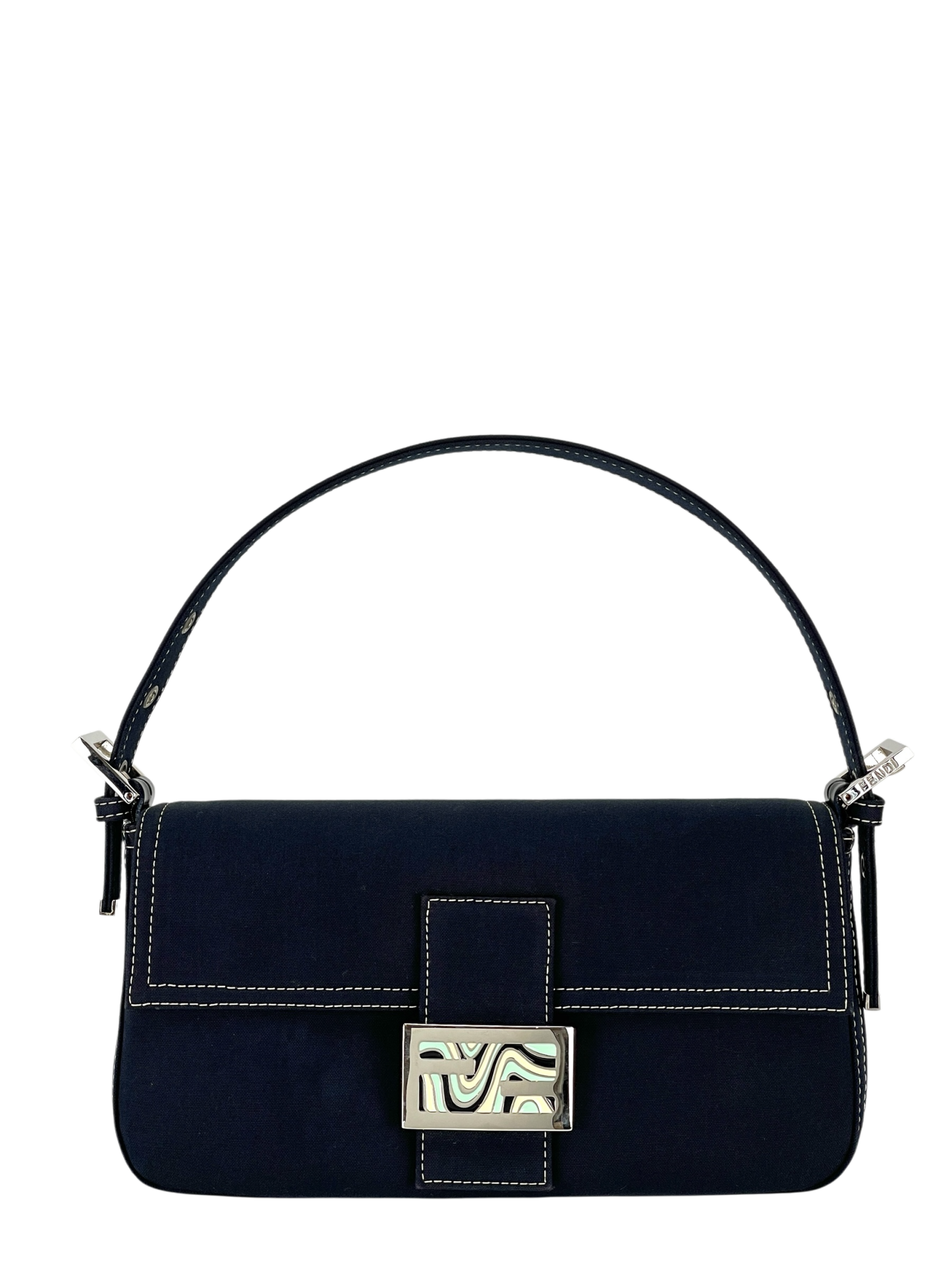 FENDI - Navy Canvas Mamma Baguette silver-tone hardware HandBag