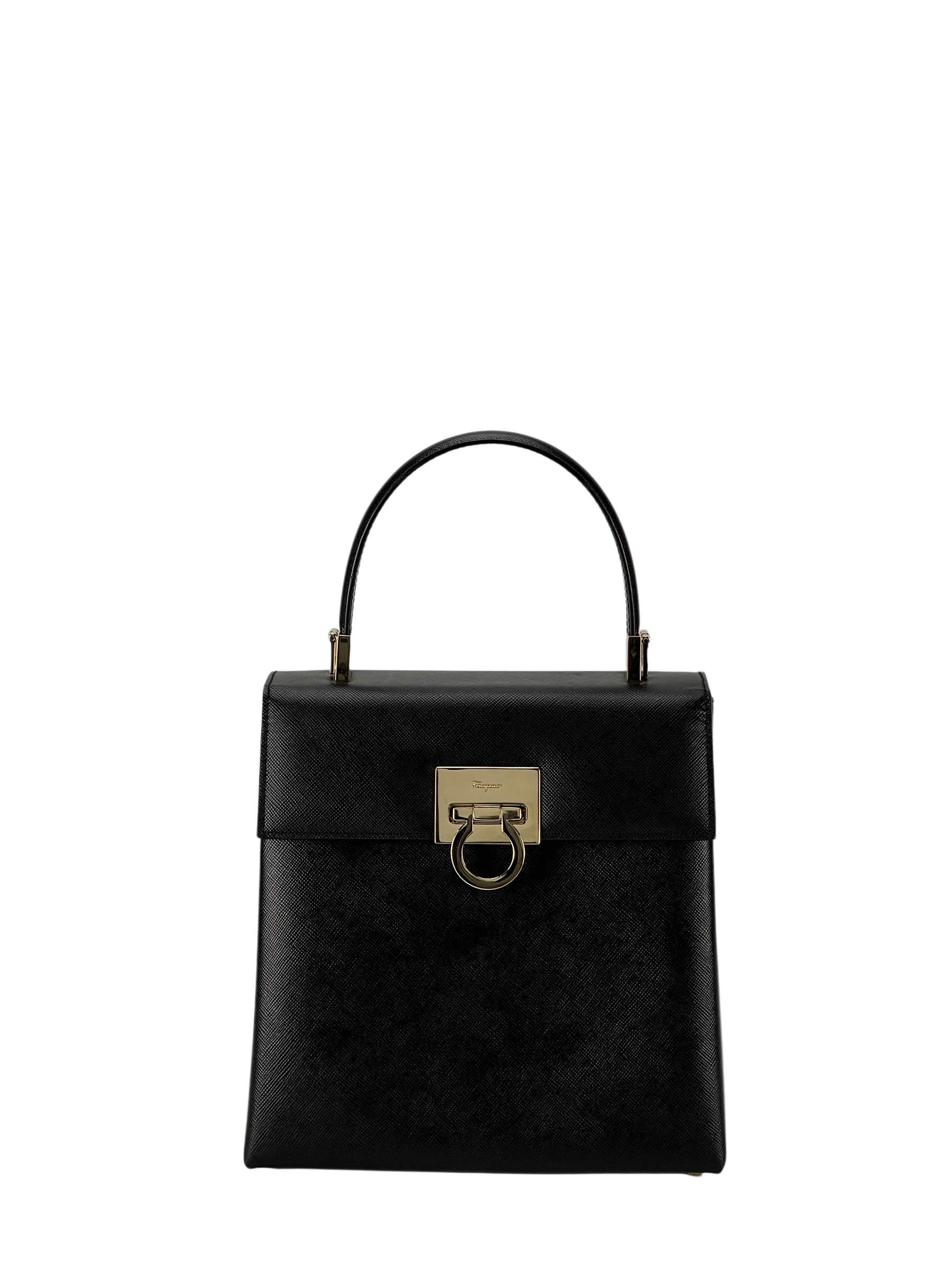 SALVATORE FERRAGAMO - Black Vintage Kelly Top Handle Flip Lock 2way Bag