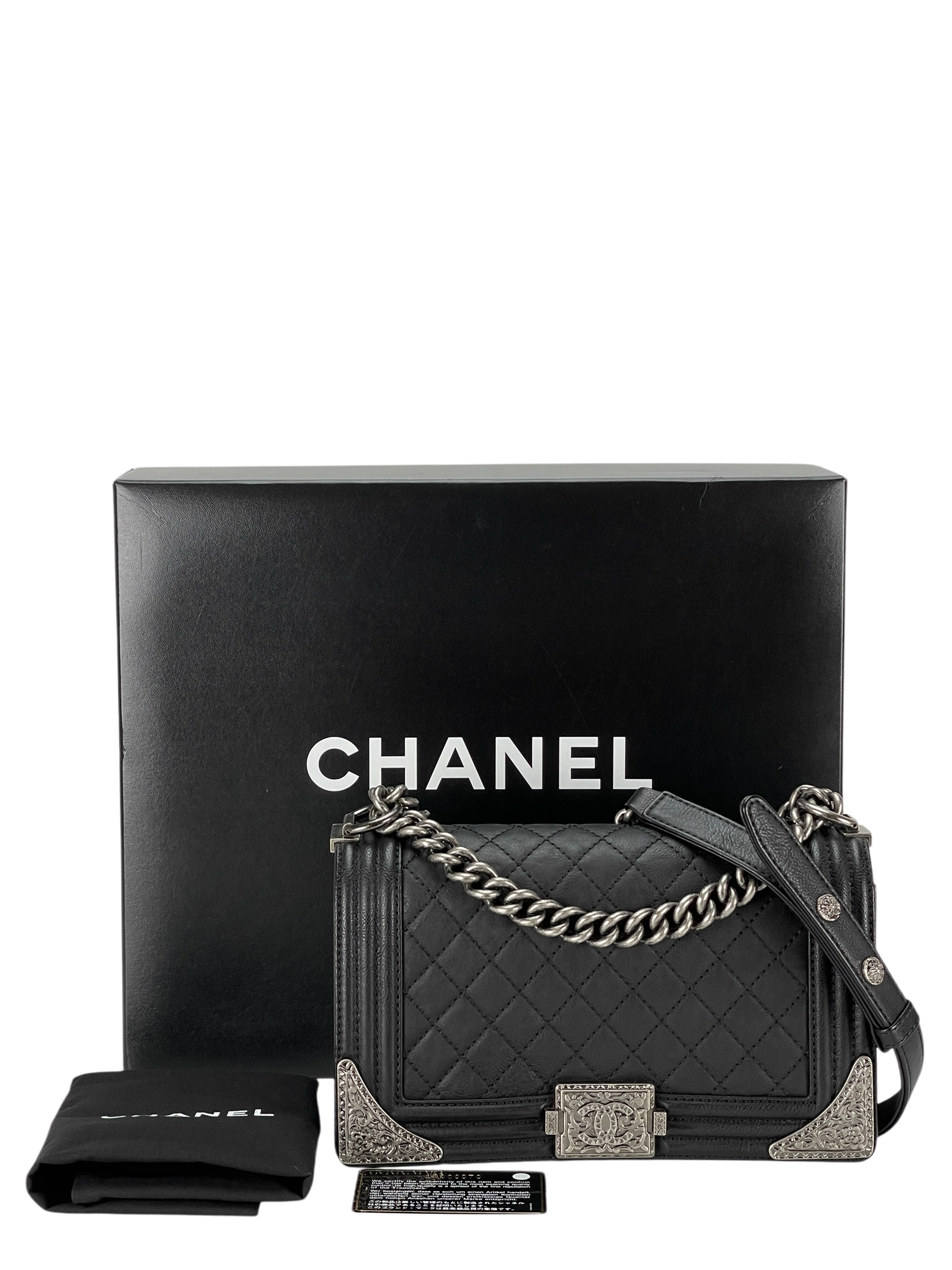 CHANEL - Medium Boy Flap Bag Black Calfskin Metal Sliver