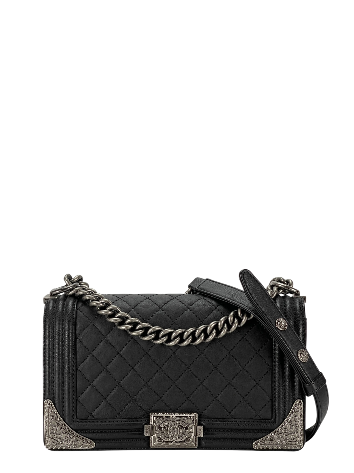CHANEL - Medium Boy Flap Bag Black Calfskin Metal Sliver