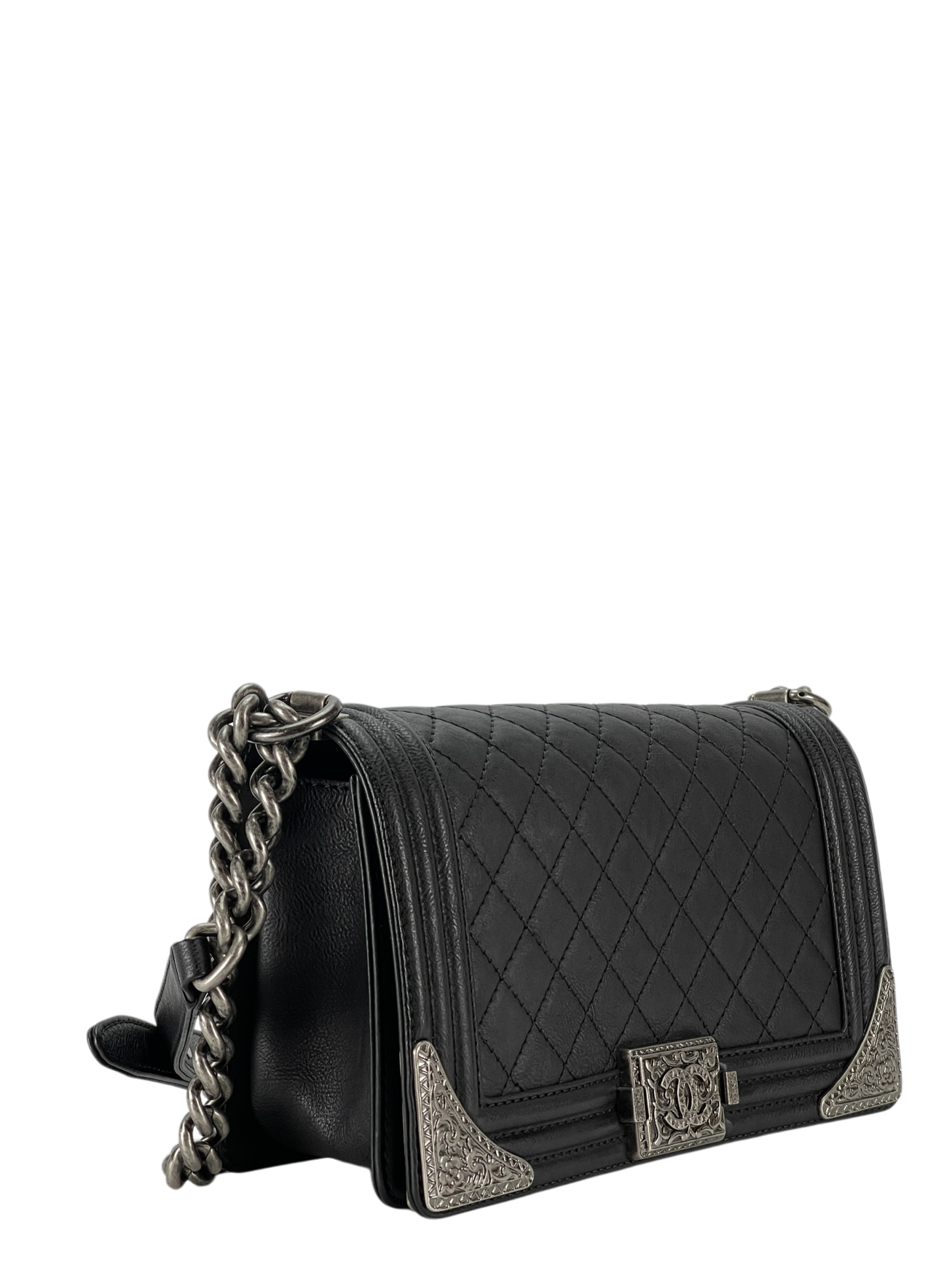 CHANEL - Medium Boy Flap Bag Black Calfskin Metal Sliver