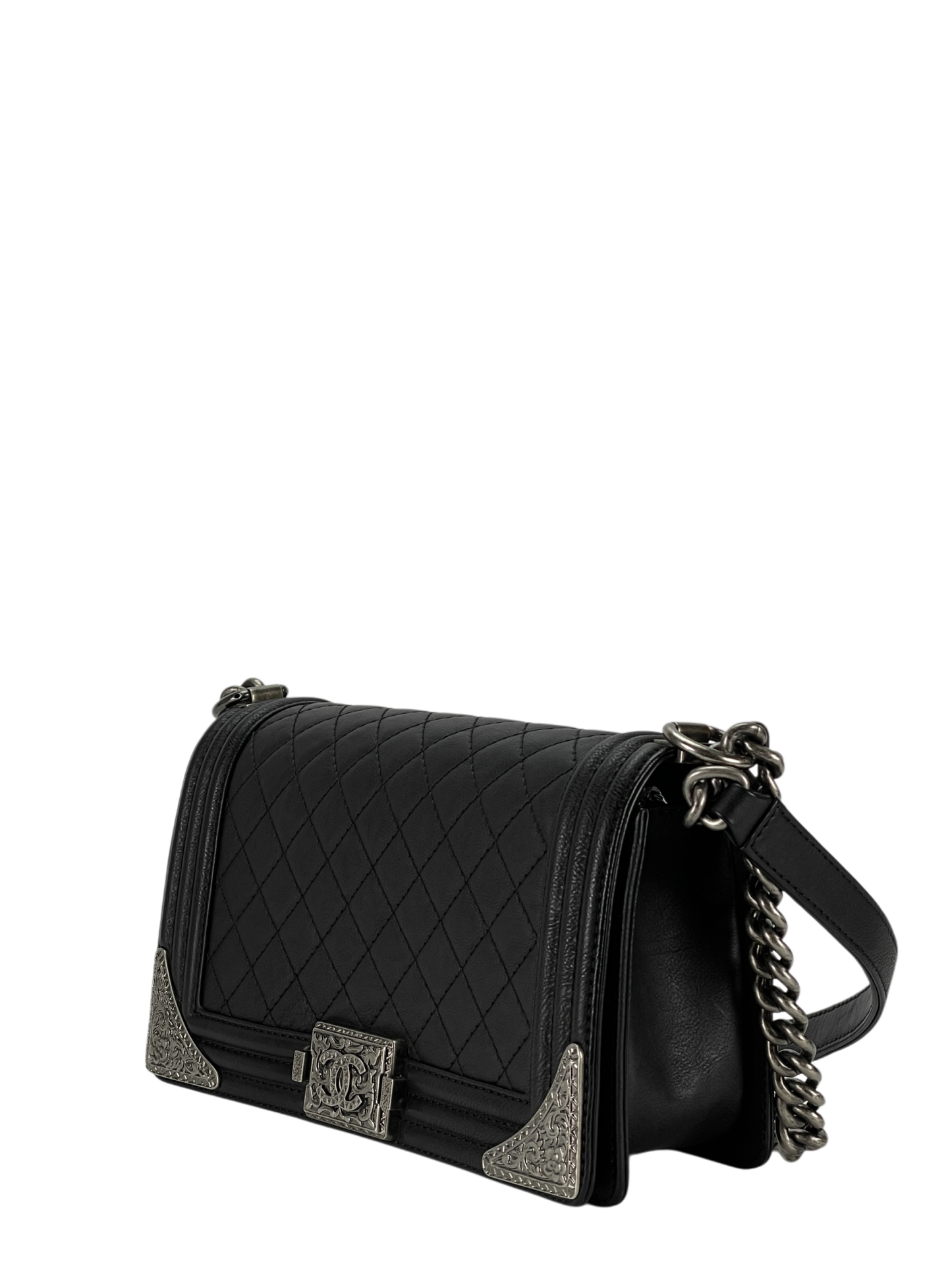 CHANEL - Medium Boy Flap Bag Black Calfskin Metal Sliver