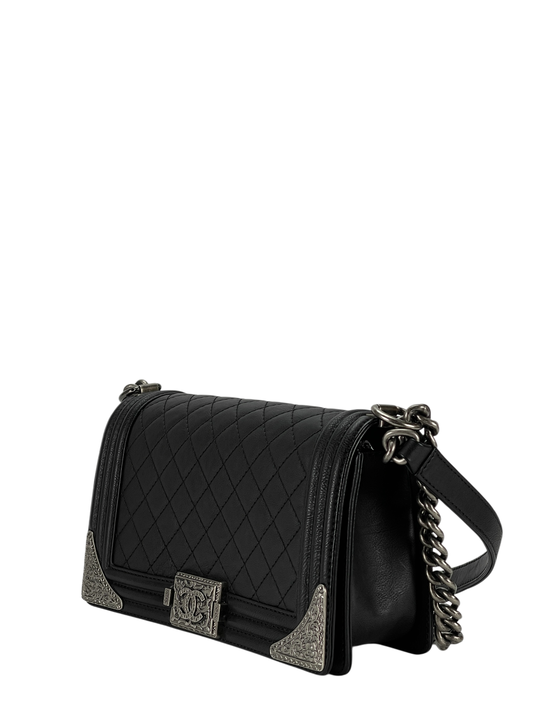 CHANEL - Medium Boy Flap Bag Black Calfskin Metal Sliver