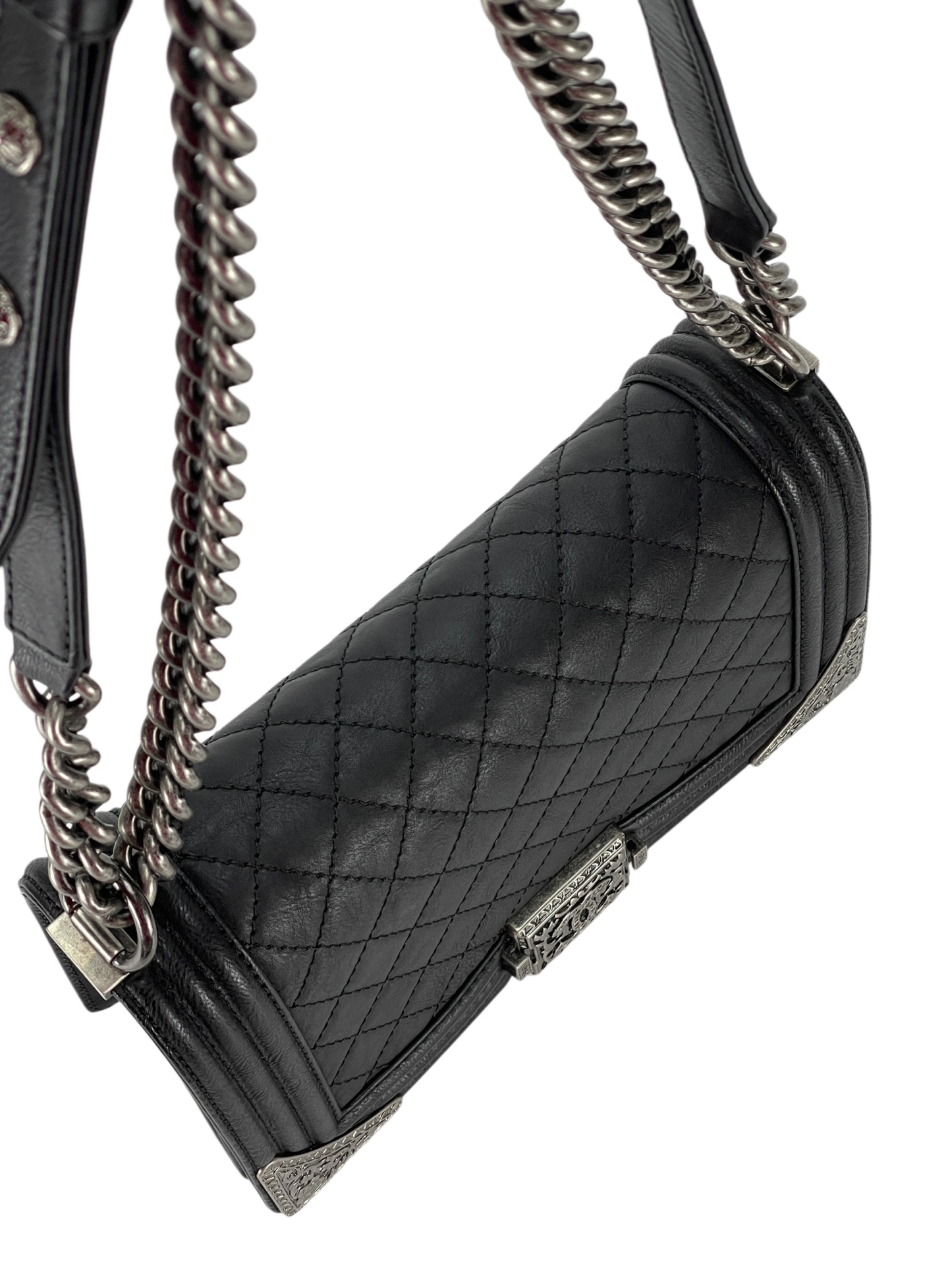 CHANEL - Medium Boy Flap Bag Black Calfskin Metal Sliver