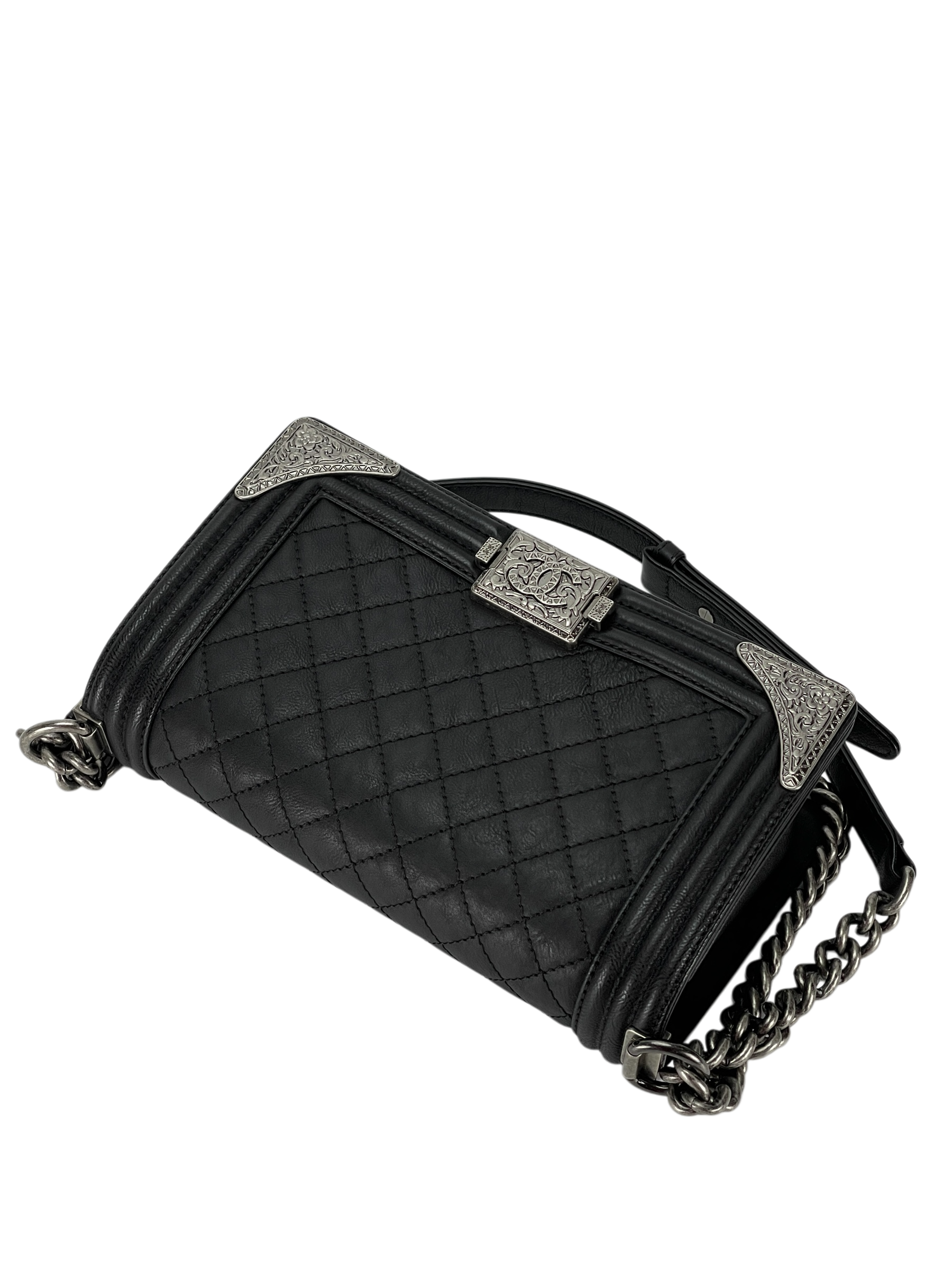 CHANEL - Medium Boy Flap Bag Black Calfskin Metal Sliver