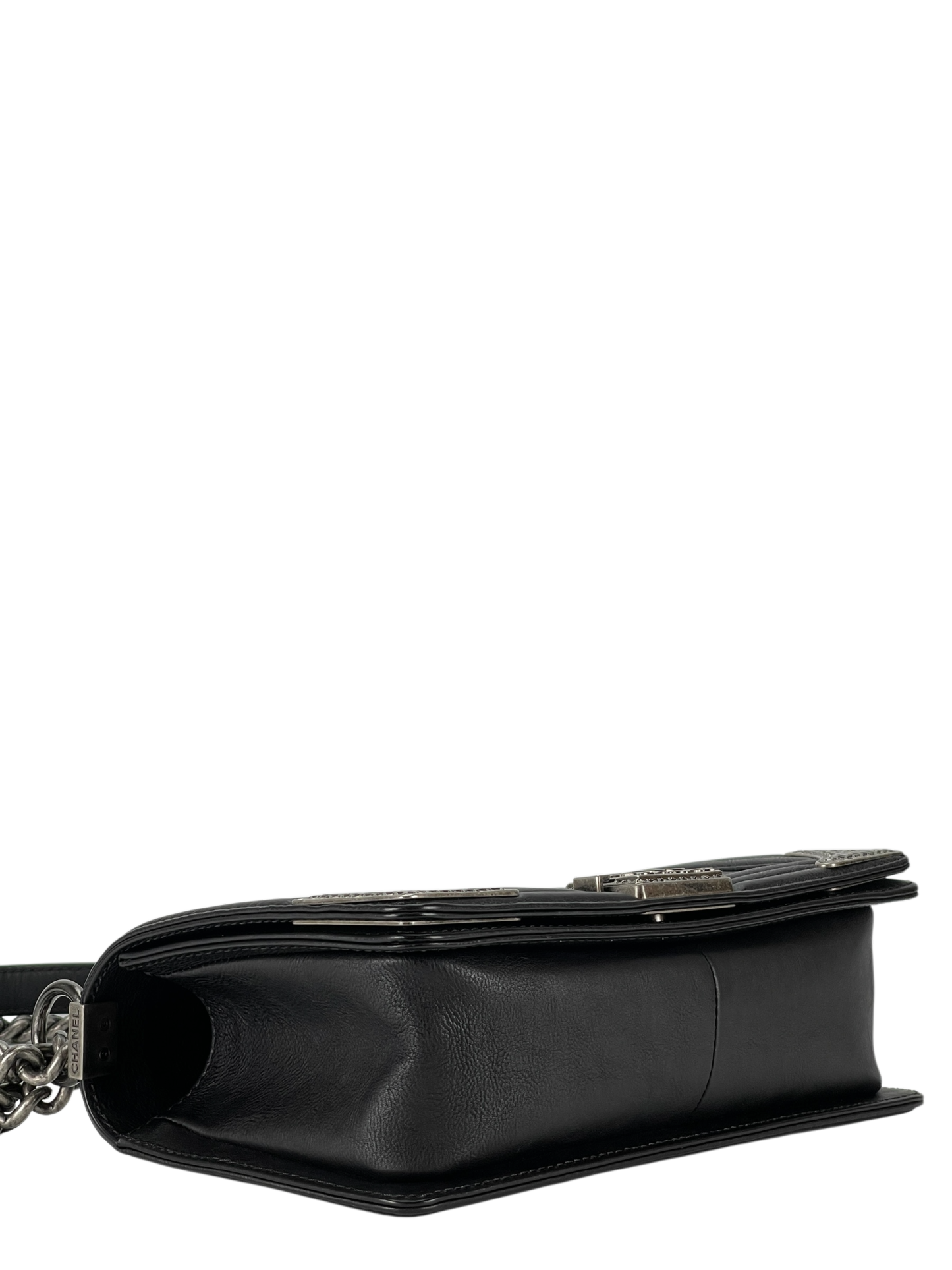 CHANEL - Medium Boy Flap Bag Black Calfskin Metal Sliver