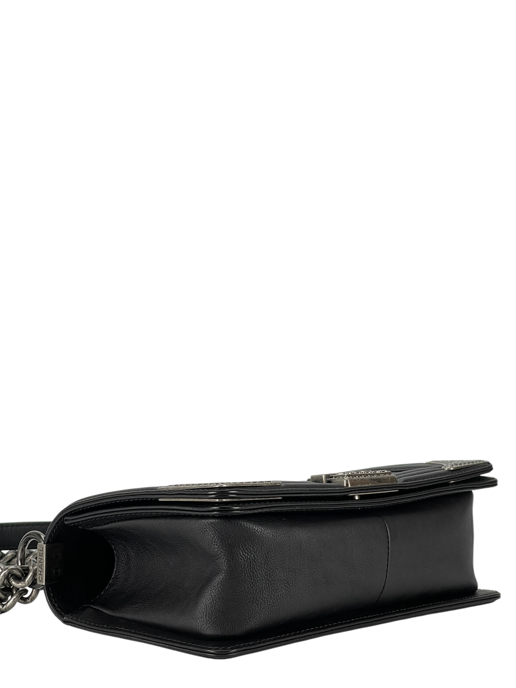 CHANEL - Medium Boy Flap Bag Black Calfskin Metal Sliver