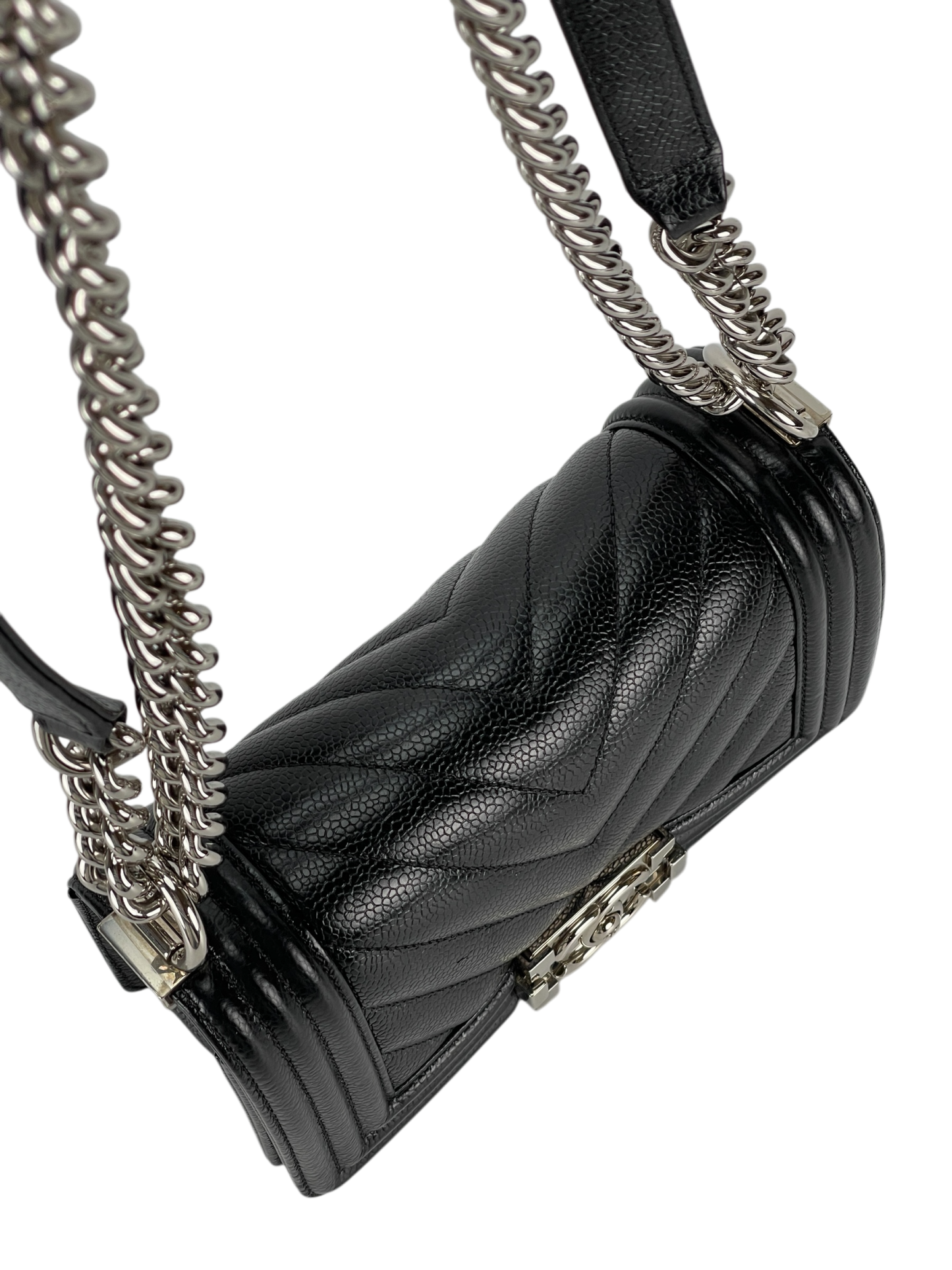 CHANEL - Small Leboy Flap Bag Black Caviar Metal Sliver