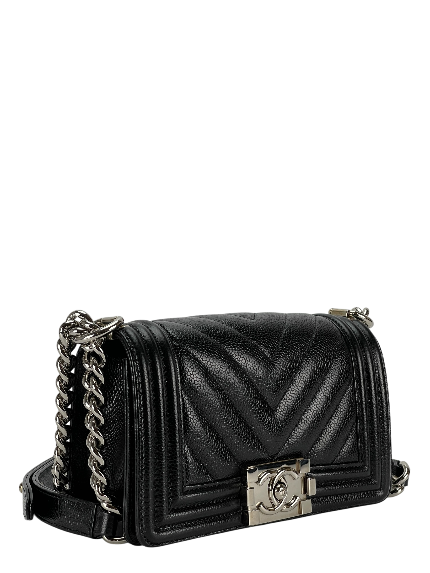 CHANEL - Small Leboy Flap Bag Black Caviar Metal Sliver