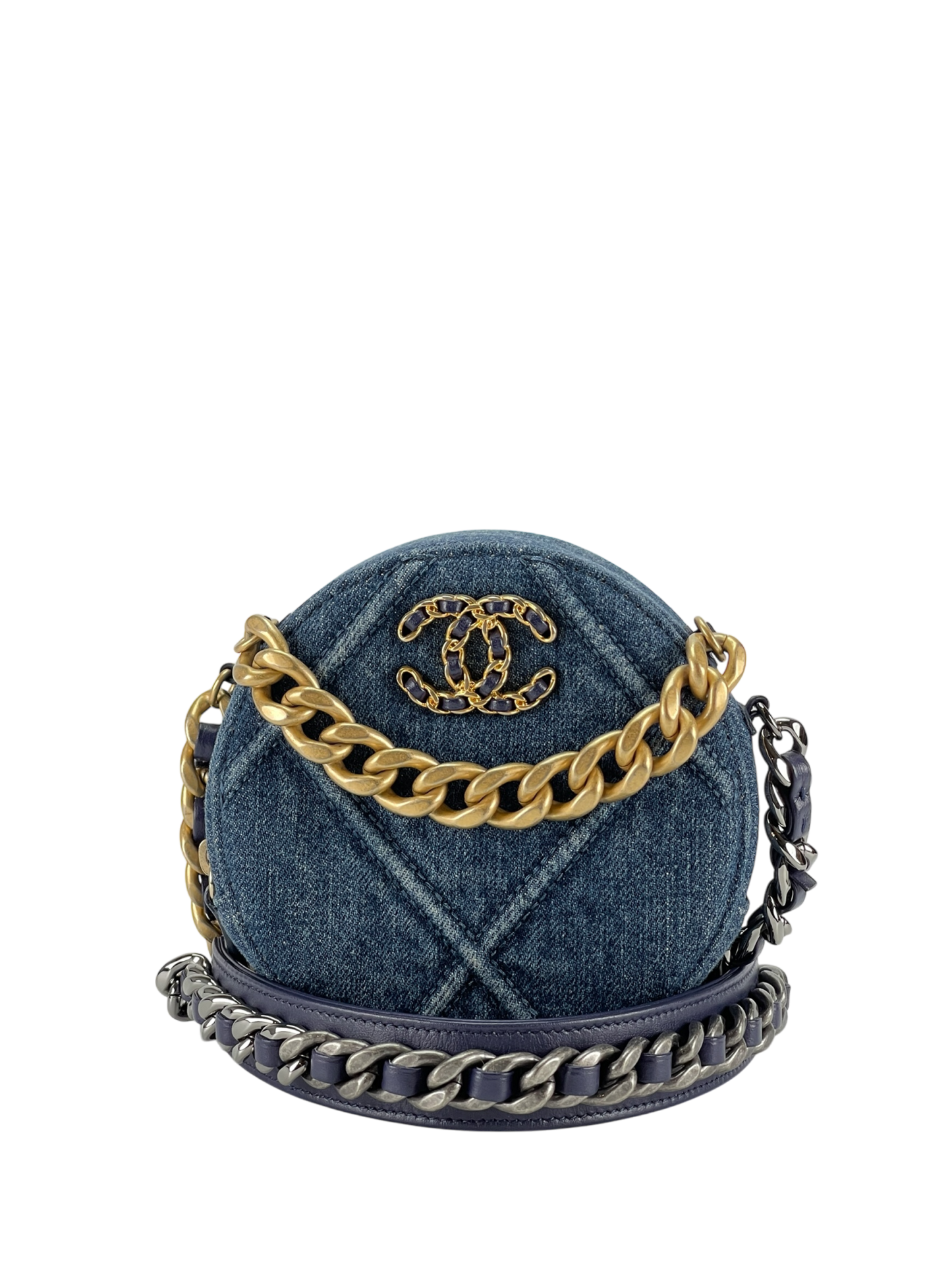 CHANEL - Blue Denim 19 Round Clutch With Chain
