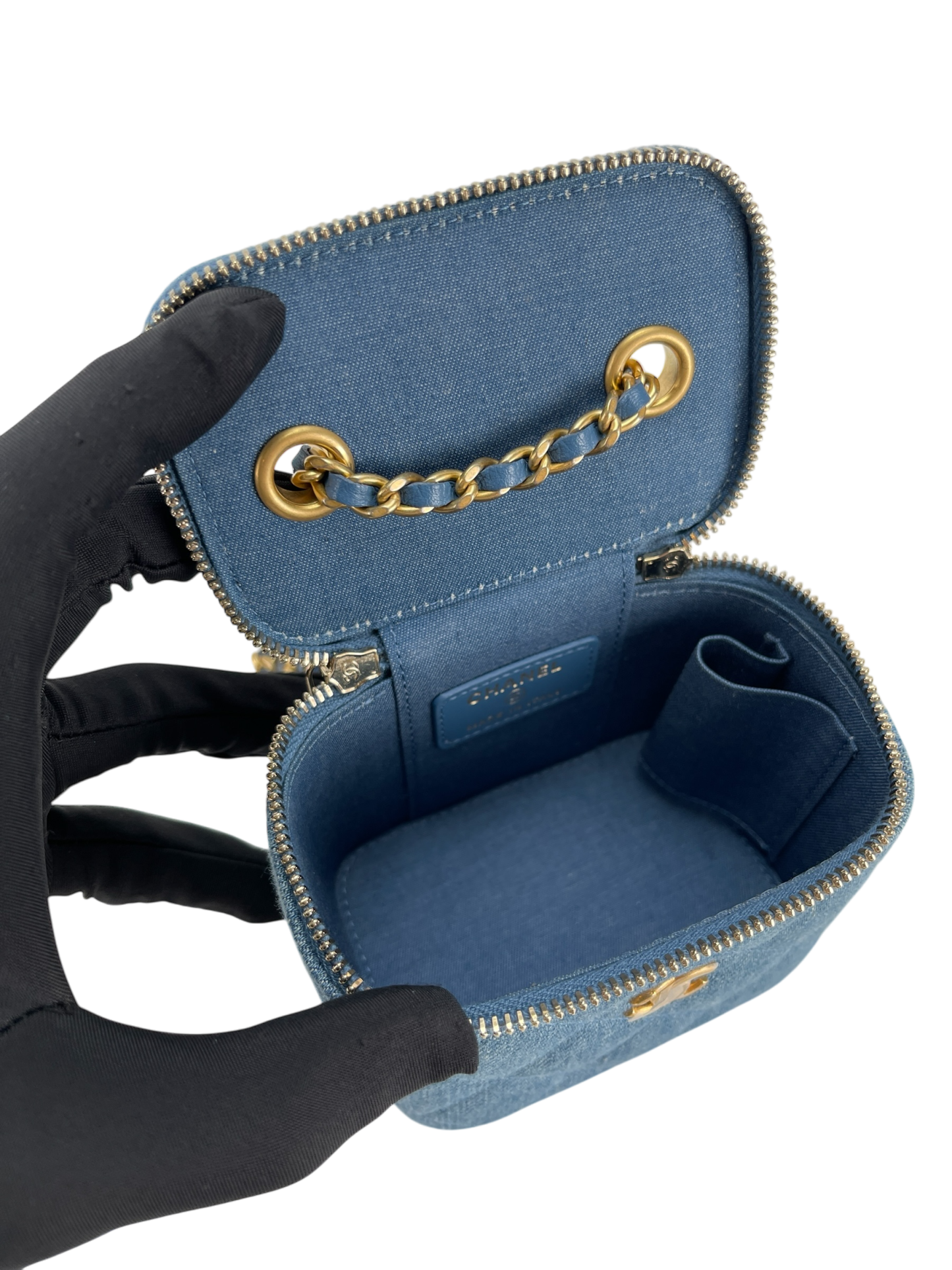 CHANEL - Blue Mini Denim Pearl Crush Vanity Chain Shoulder Bag