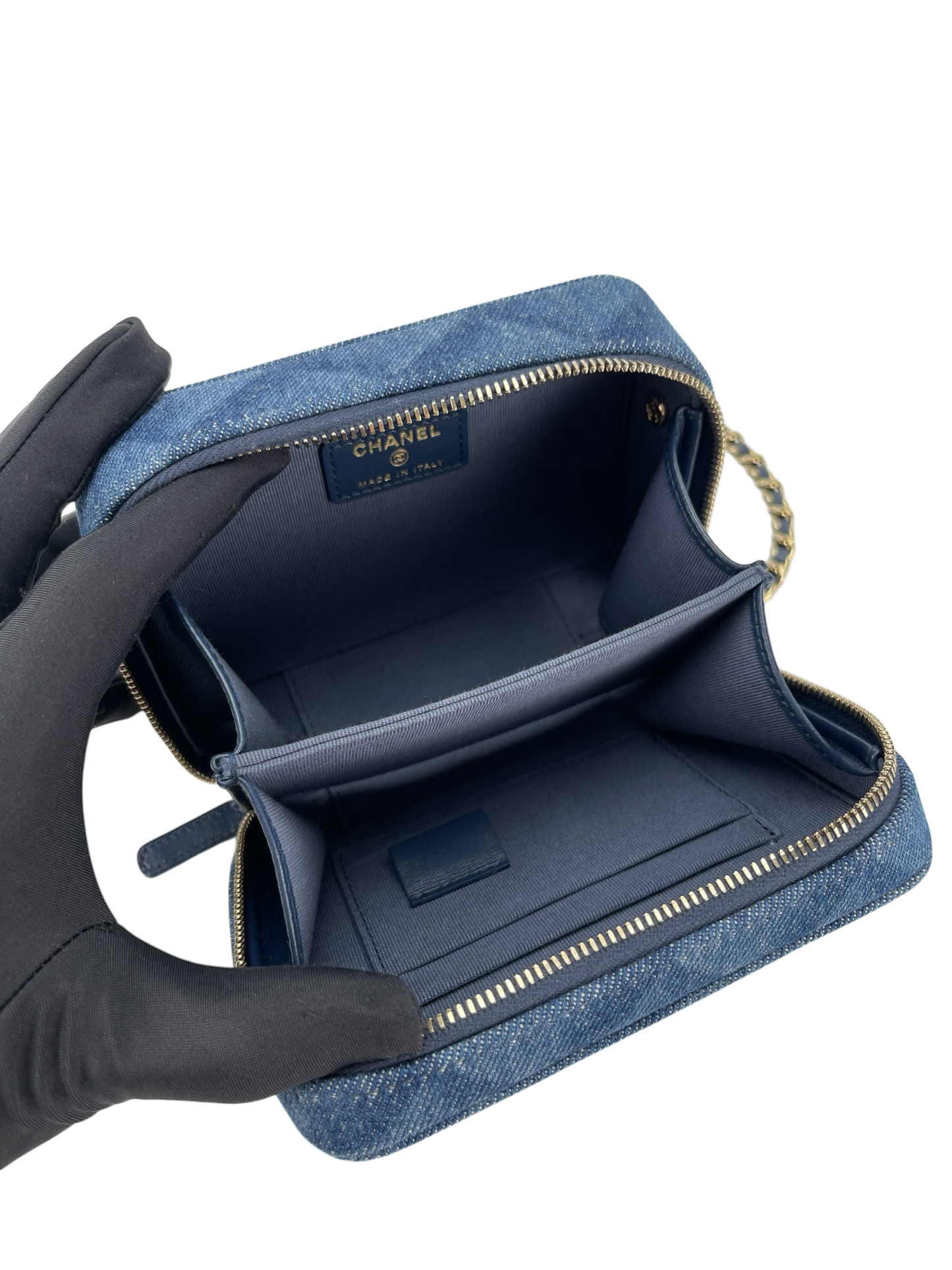 CHANEL - 22B Denim Crush Zip Around Chain Vanity Camera Case
