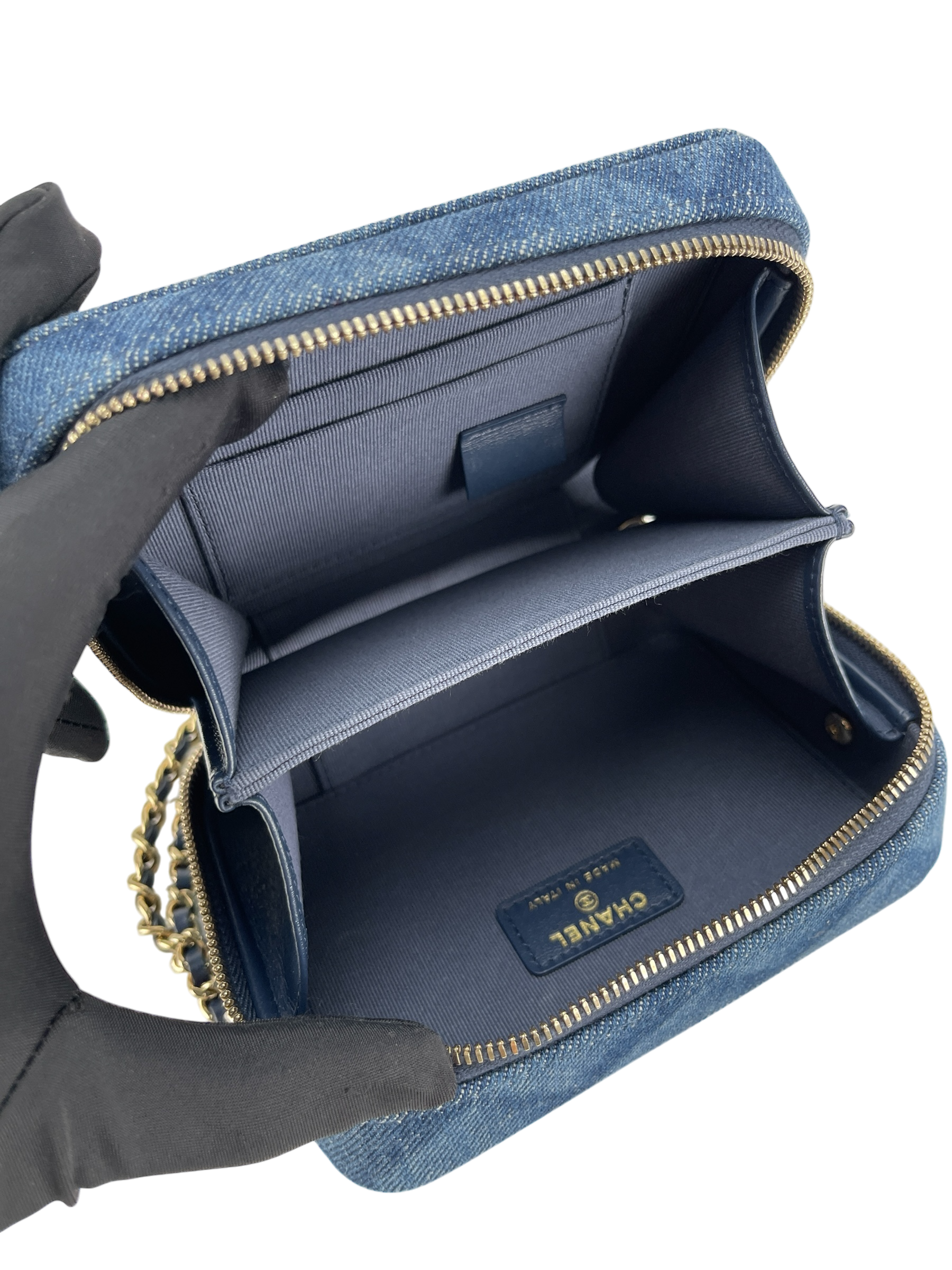 CHANEL - 22B Denim Crush Zip Around Chain Vanity Camera Case