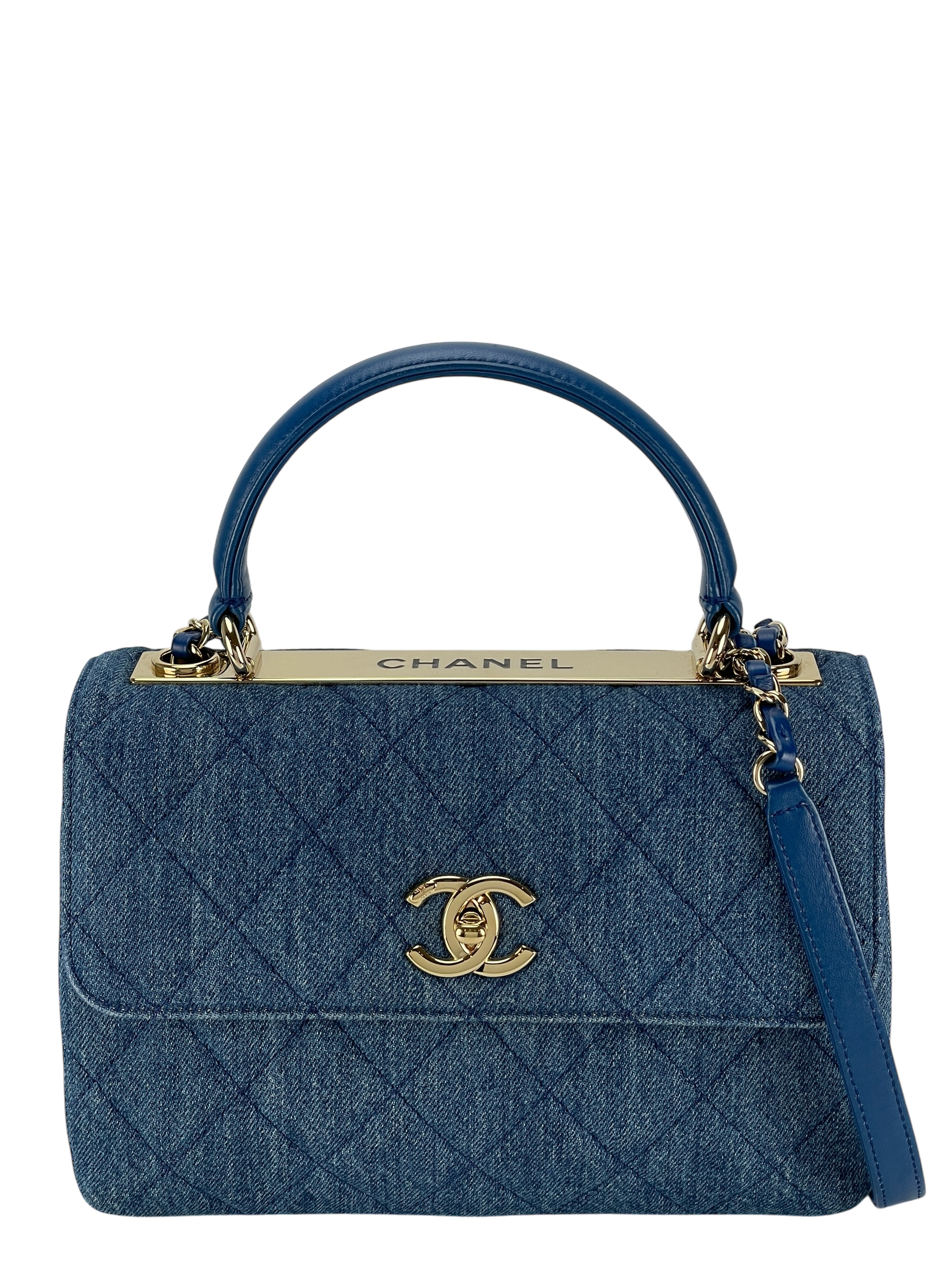 CHANEL - Mini Top Handle Flap Bag Blue Denim Aged Gold Hardware