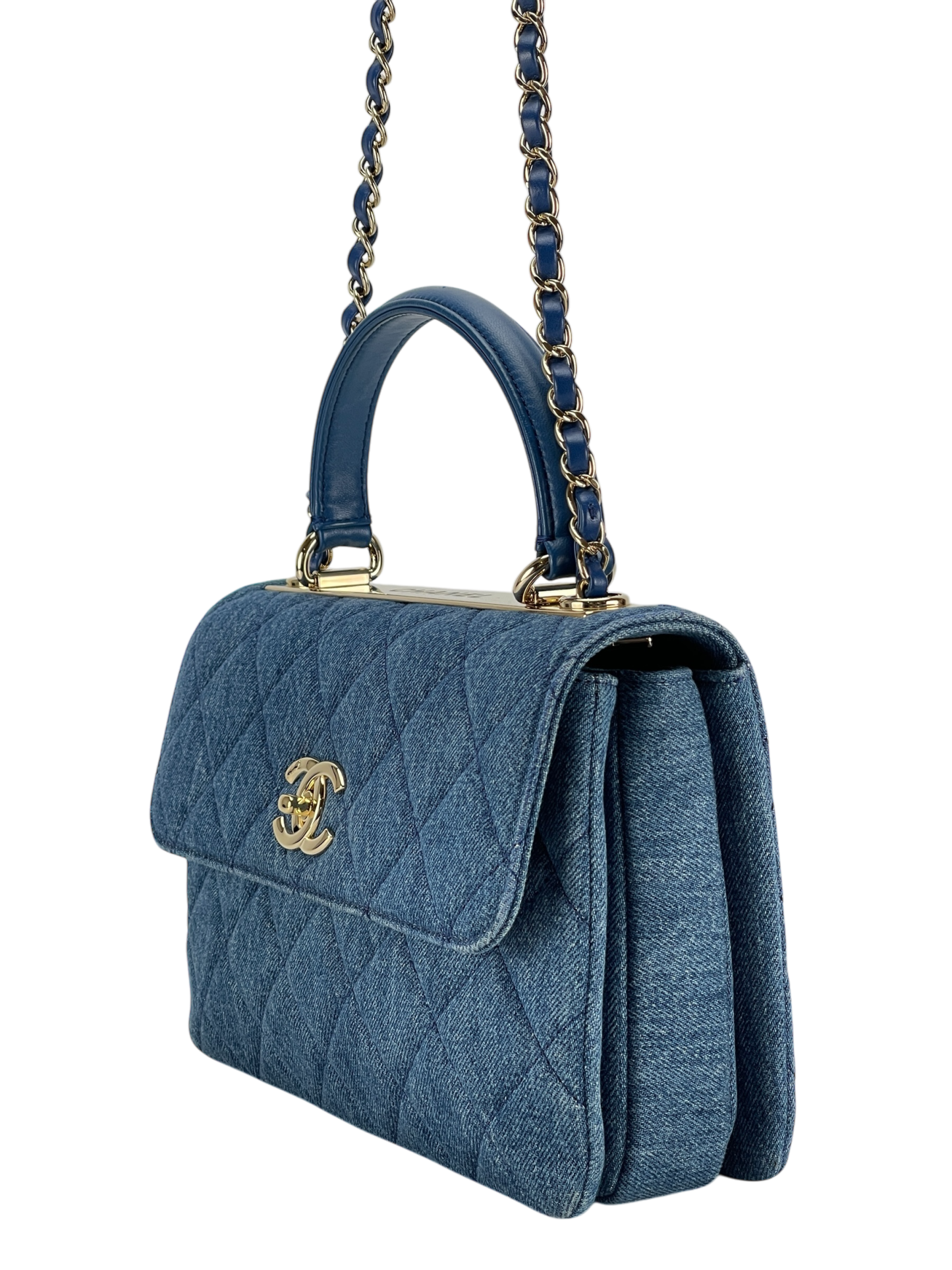 CHANEL - Mini Top Handle Flap Bag Blue Denim Aged Gold Hardware