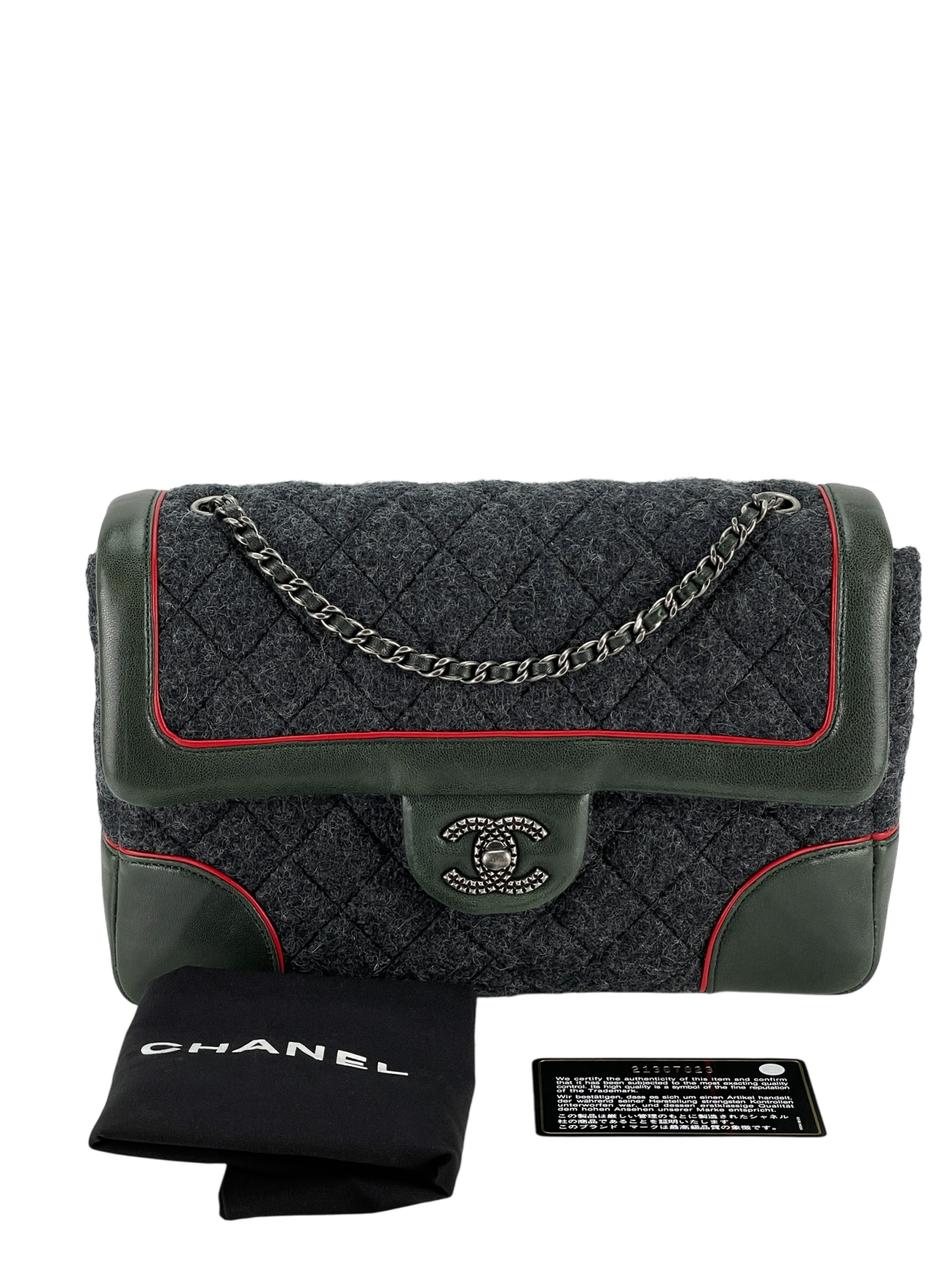 CHANEL - Green Grey Wool Leather Medium Classic Double Flap Bag (CF25)