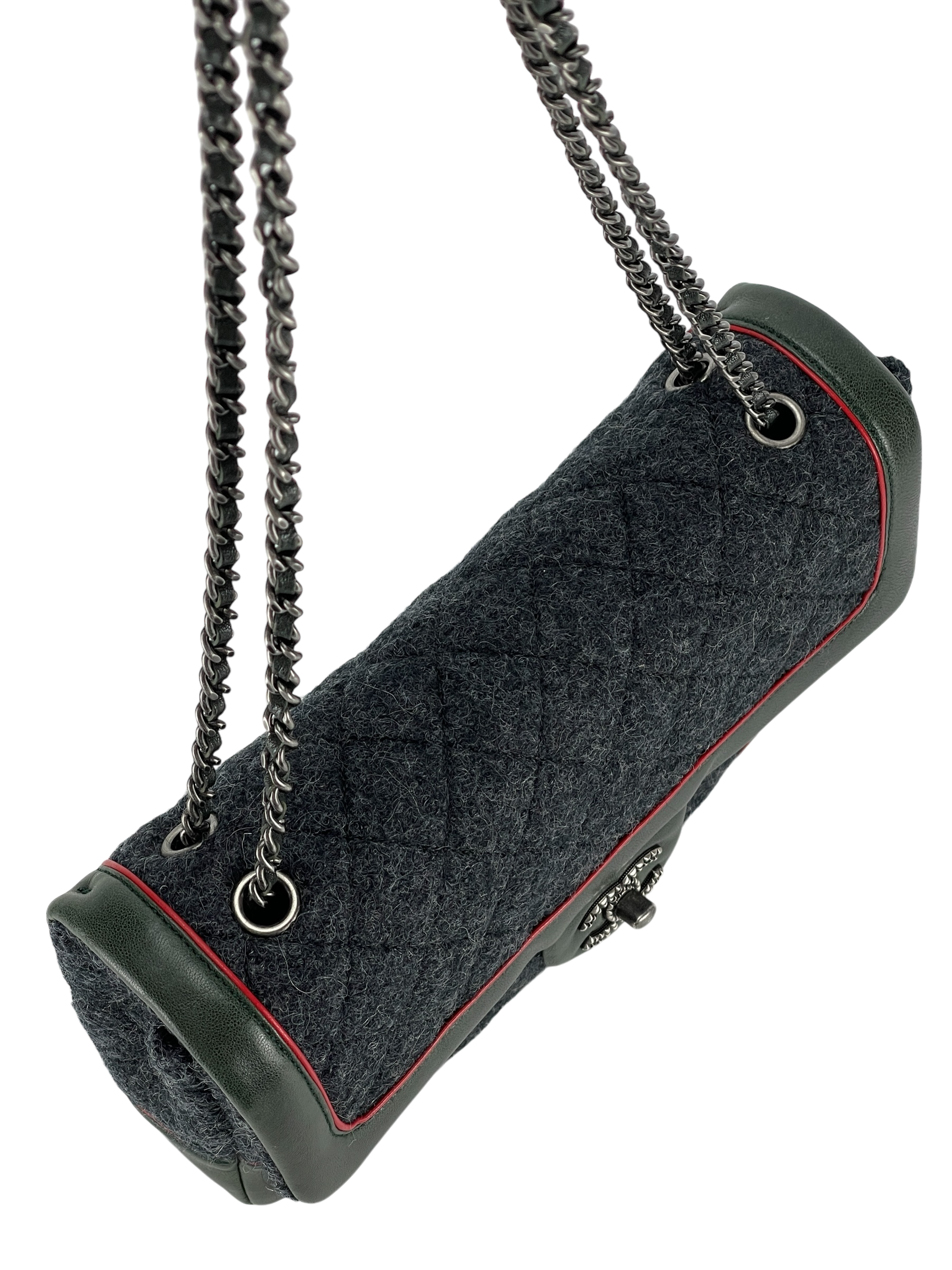CHANEL - Green Grey Wool Leather Medium Classic Double Flap Bag (CF25)