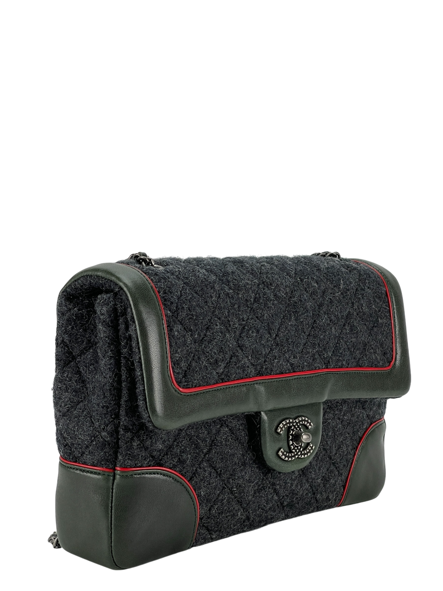 CHANEL - Green Grey Wool Leather Medium Classic Double Flap Bag (CF25)