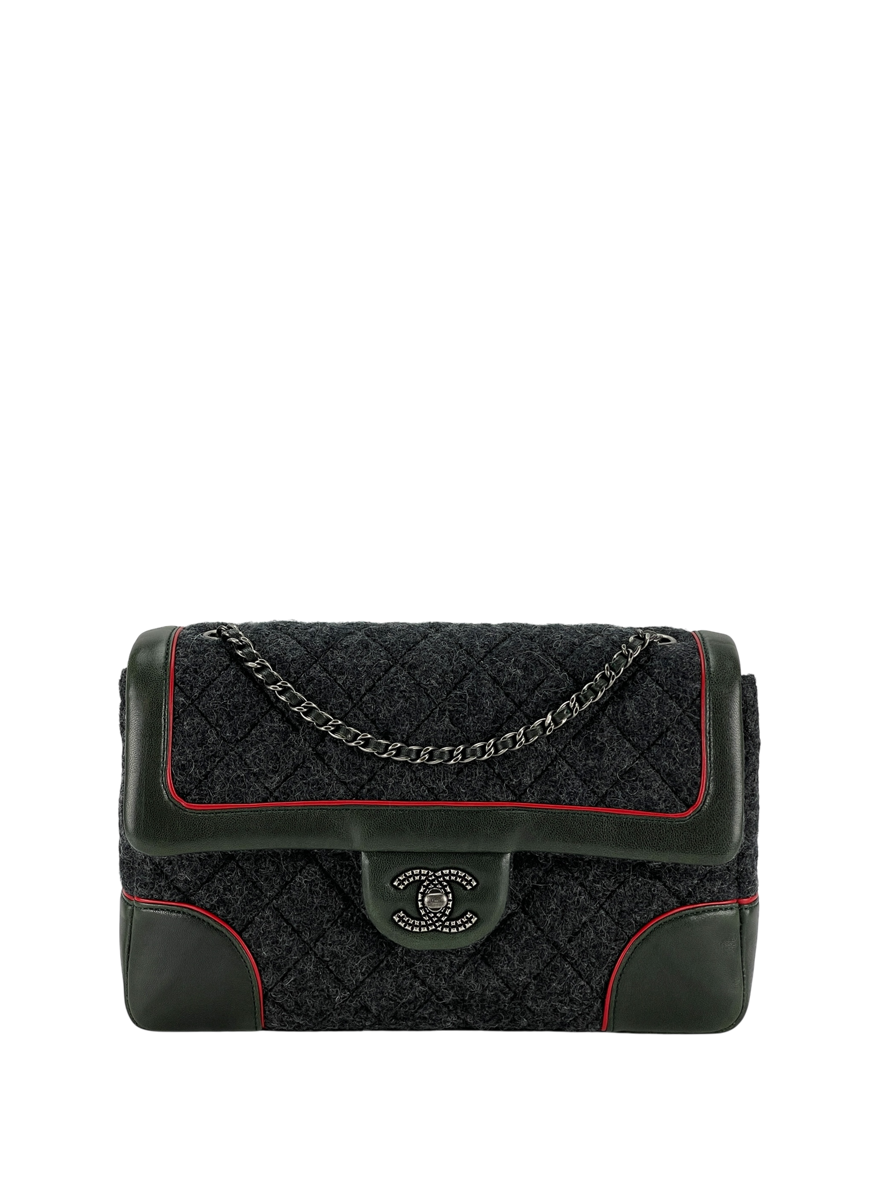 CHANEL - Green Grey Wool Leather Medium Classic Double Flap Bag (CF25)