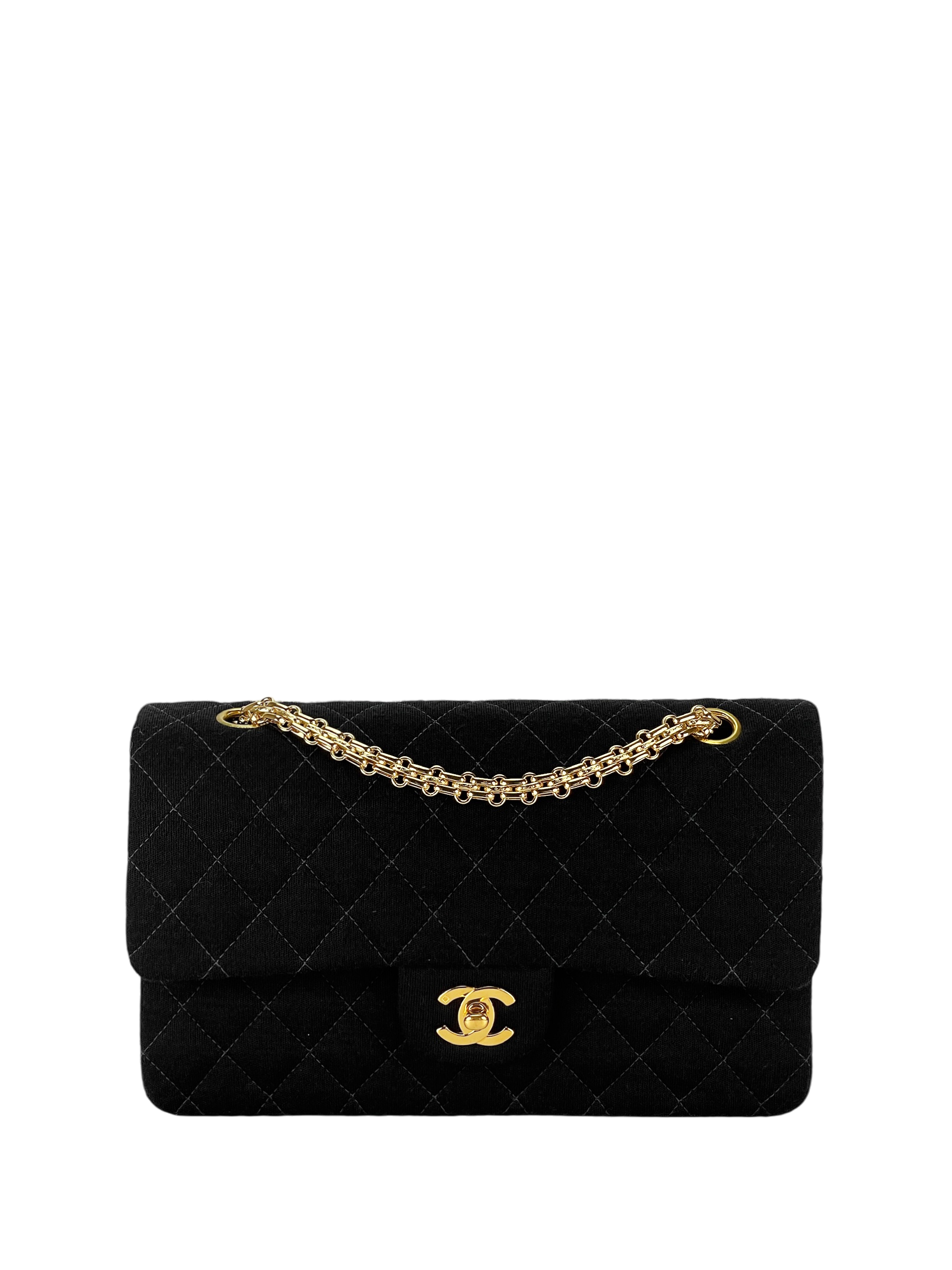 CHANEL - Medium Classic Double Flap Bag Black Cotton Gold Hardware (CF25)