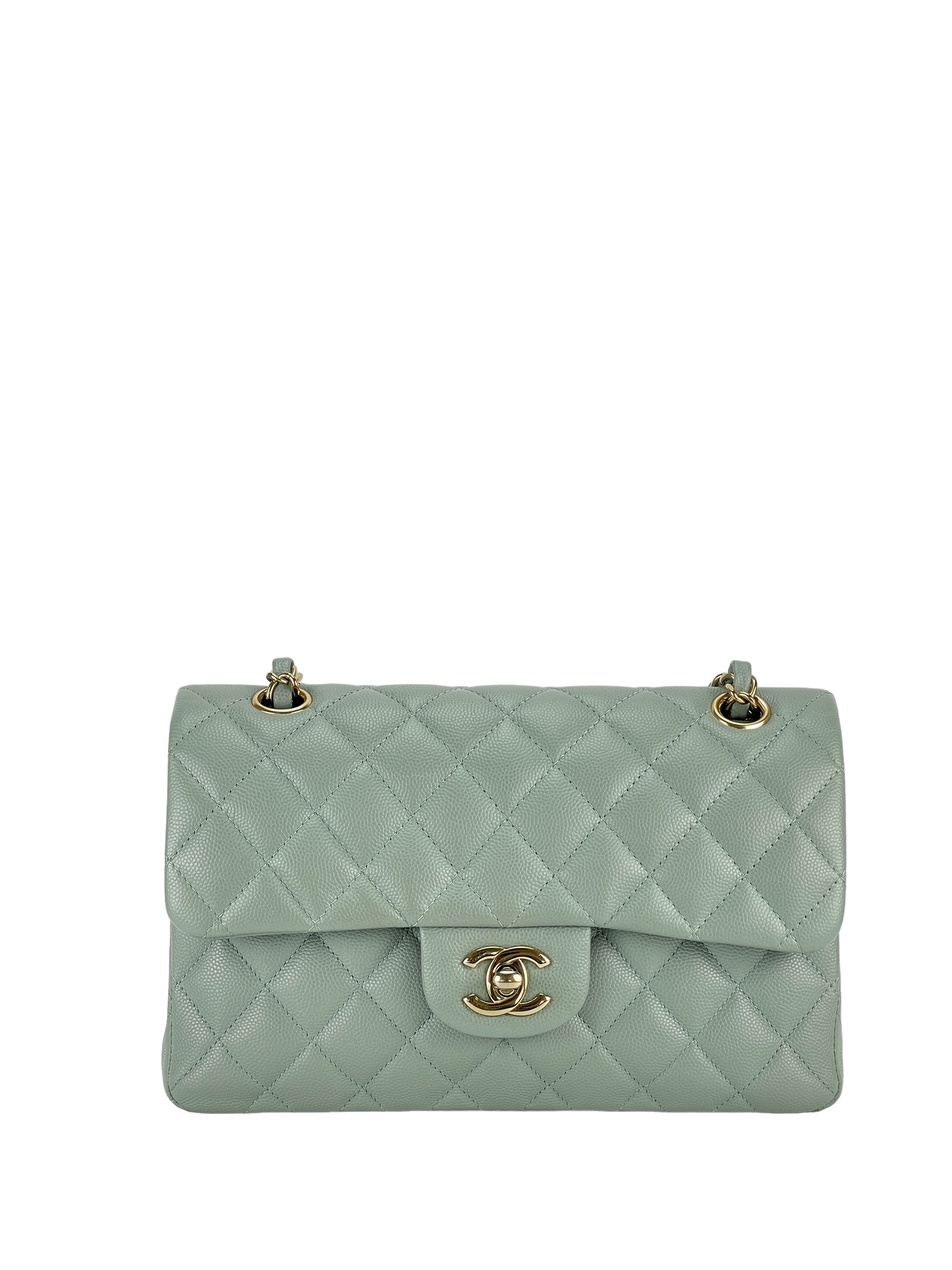 CHANEL -  Small Classic Double Flap Bag Light Grey Caviar Gold Hardware (CF23)