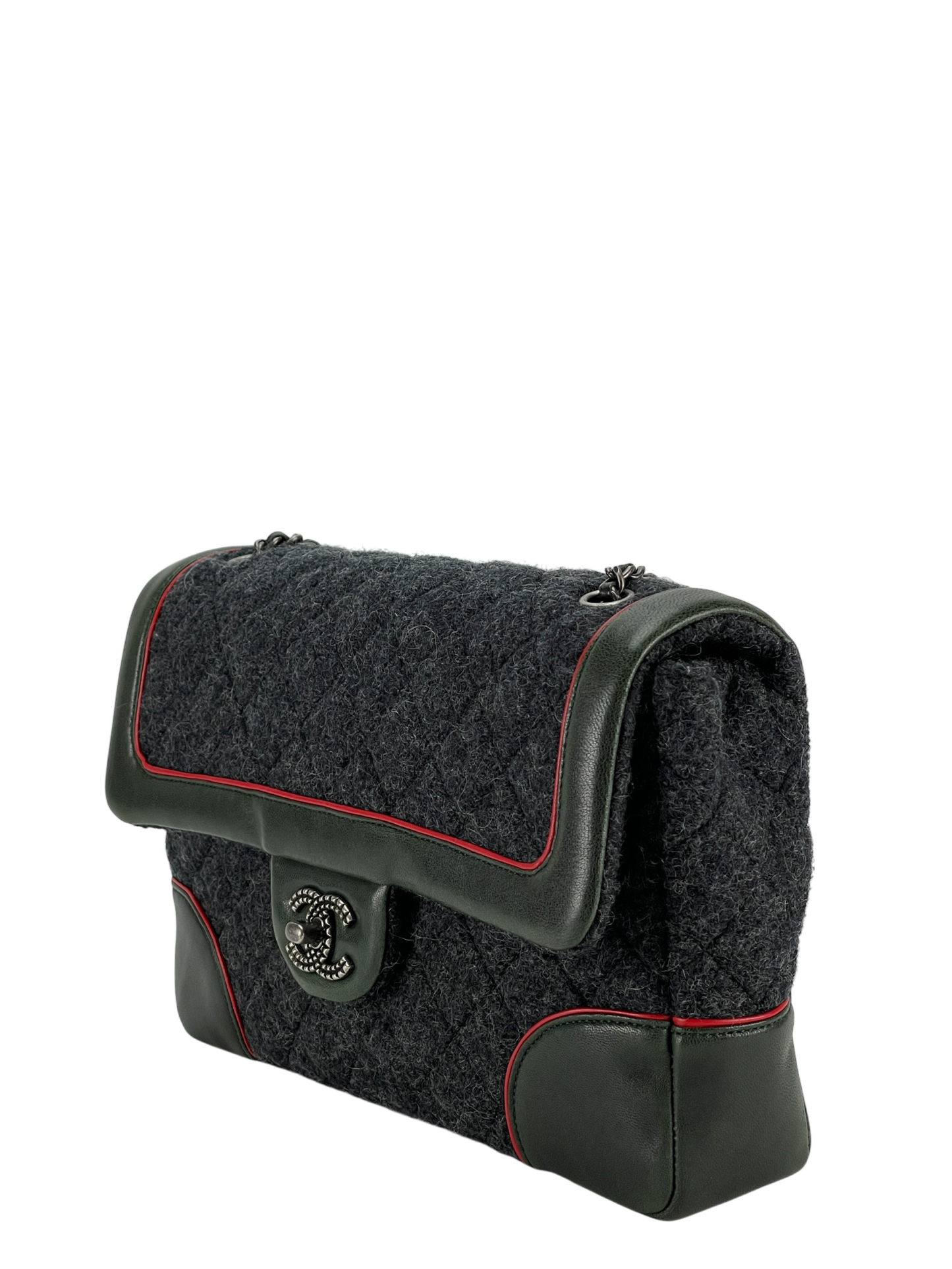 CHANEL - Green Grey Wool Leather Medium Classic Double Flap Bag (CF25)