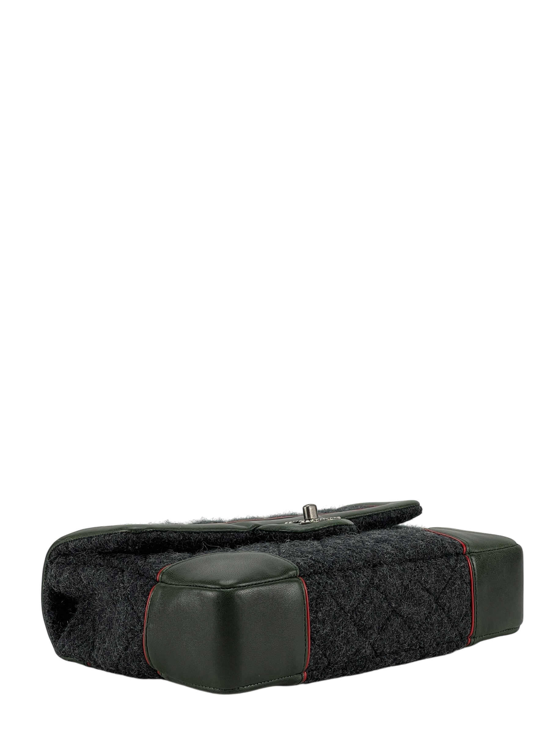 CHANEL - Green Grey Wool Leather Medium Classic Double Flap Bag (CF25)