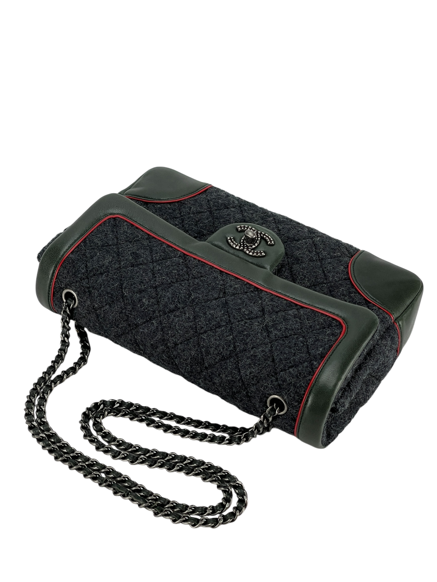 CHANEL - Green Grey Wool Leather Medium Classic Double Flap Bag (CF25)