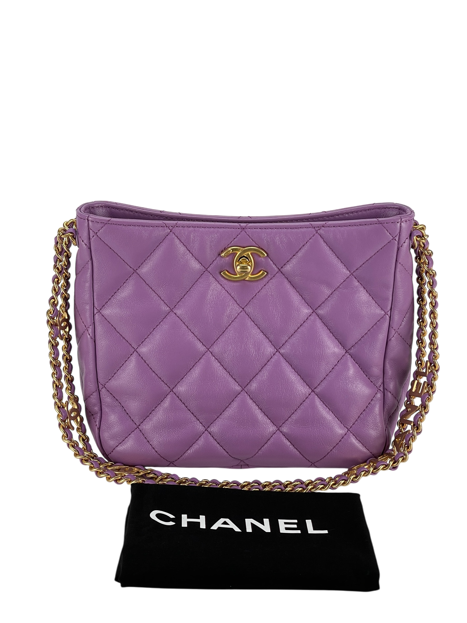 CHANEL - 22S Purple Lambskin Quilted Hobo Bag Logo Chain Gold Hardware