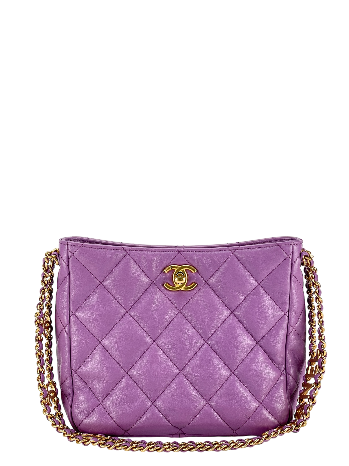 CHANEL - 22S Purple Lambskin Quilted Hobo Bag Logo Chain Gold Hardware