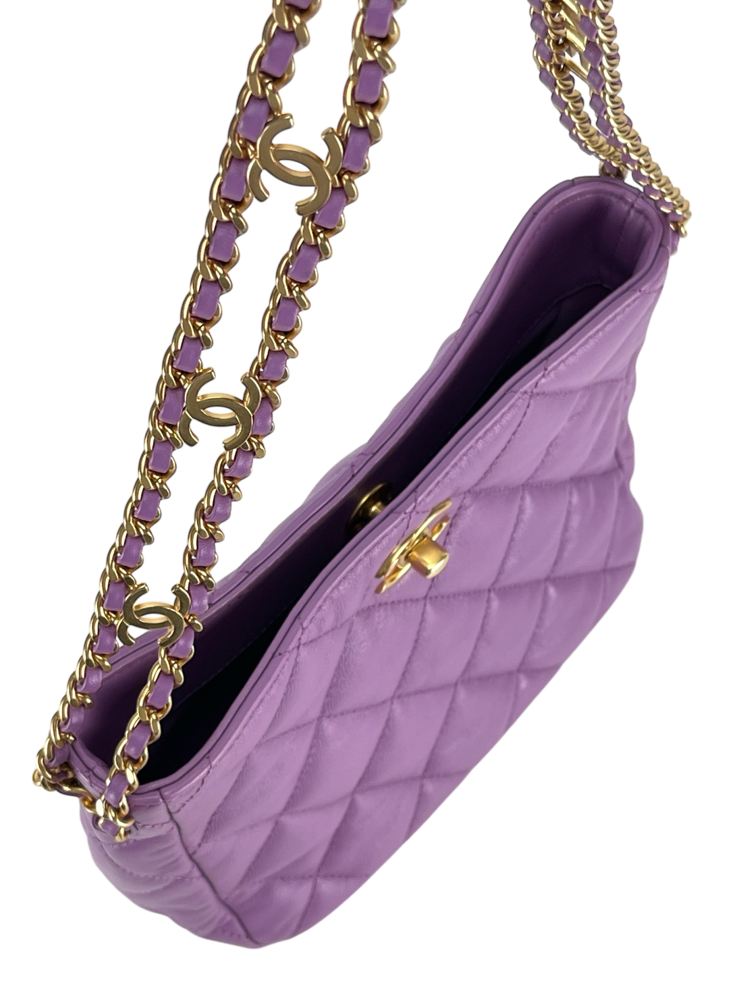 CHANEL - 22S Purple Lambskin Quilted Hobo Bag Logo Chain Gold Hardware