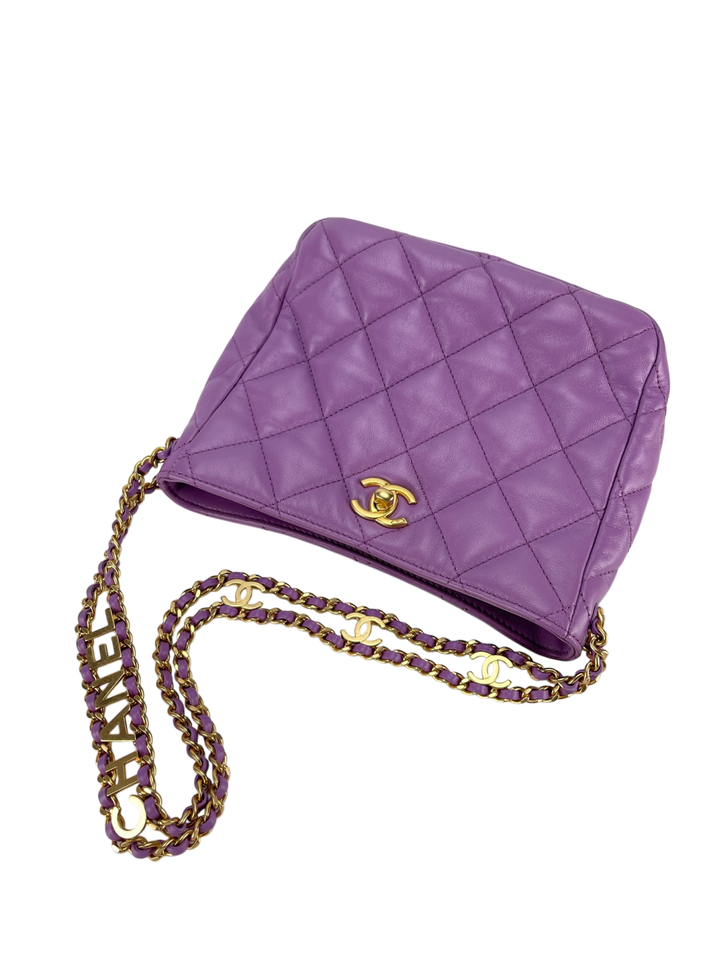 CHANEL - 22S Purple Lambskin Quilted Hobo Bag Logo Chain Gold Hardware