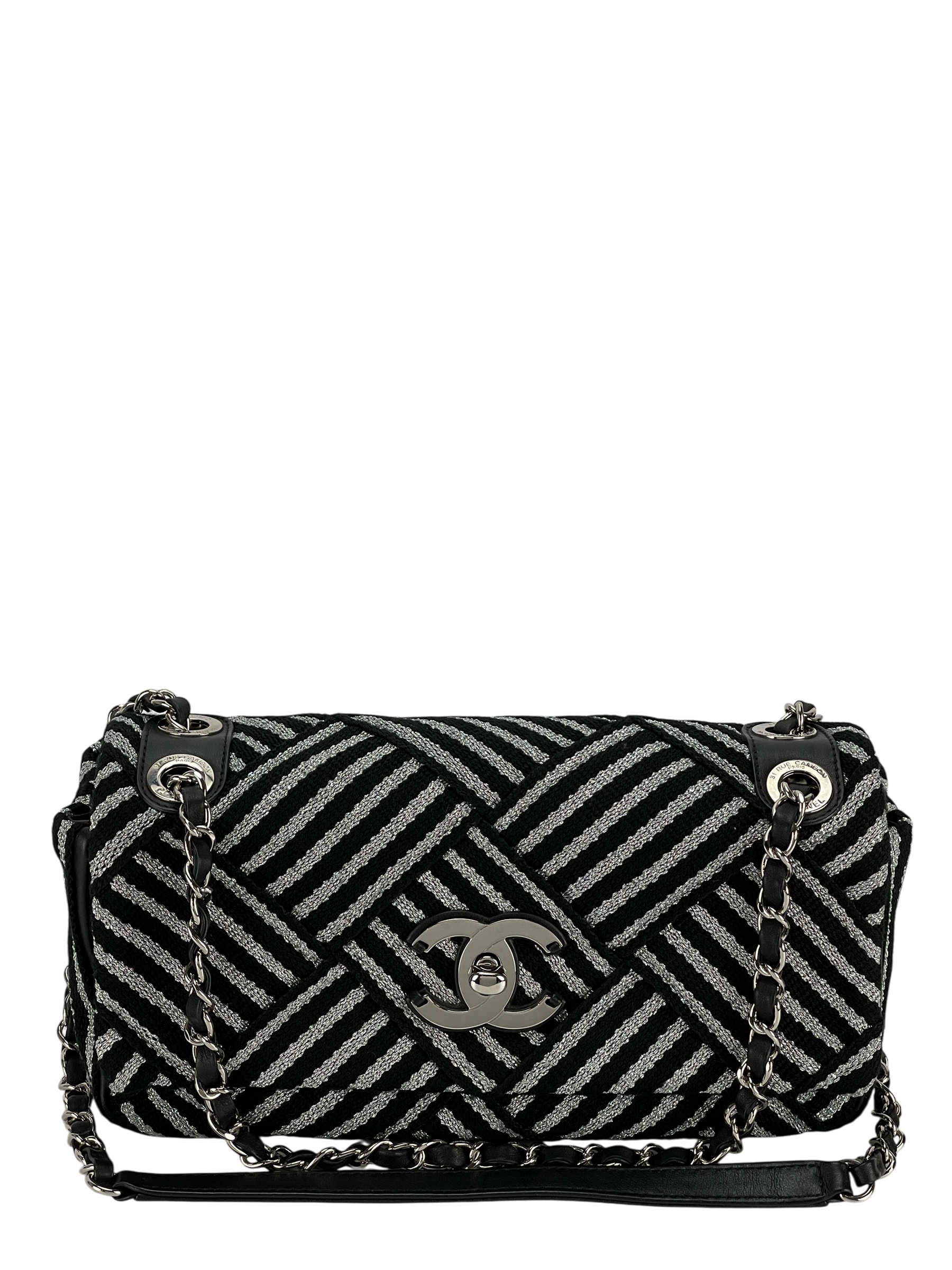 CHANEL - Sliver Black Ruthenium Hardware Fabric Shoulder bag 