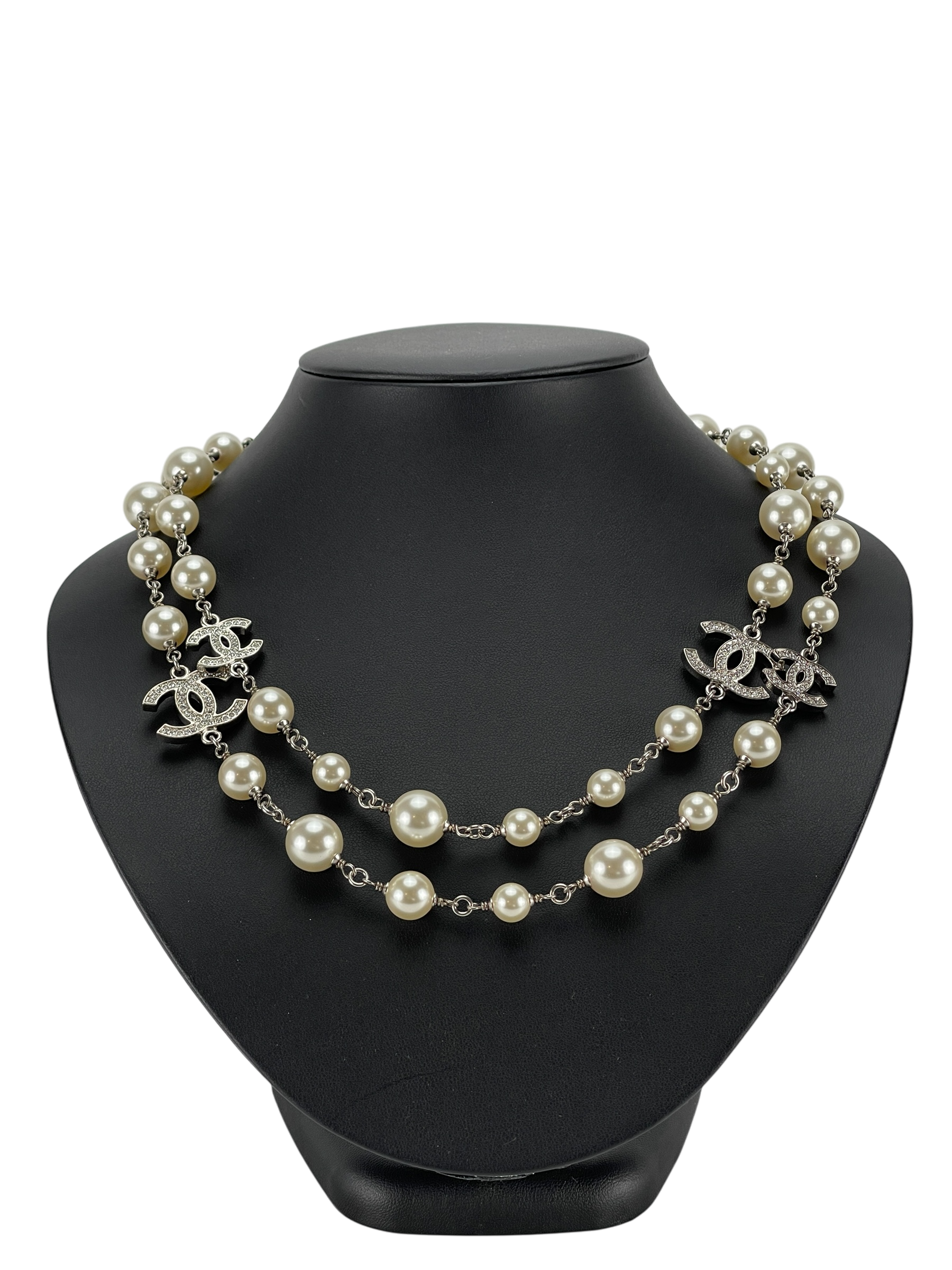 CHANEL - 23V Graduated Pearl Crystal CC Long Necklace
