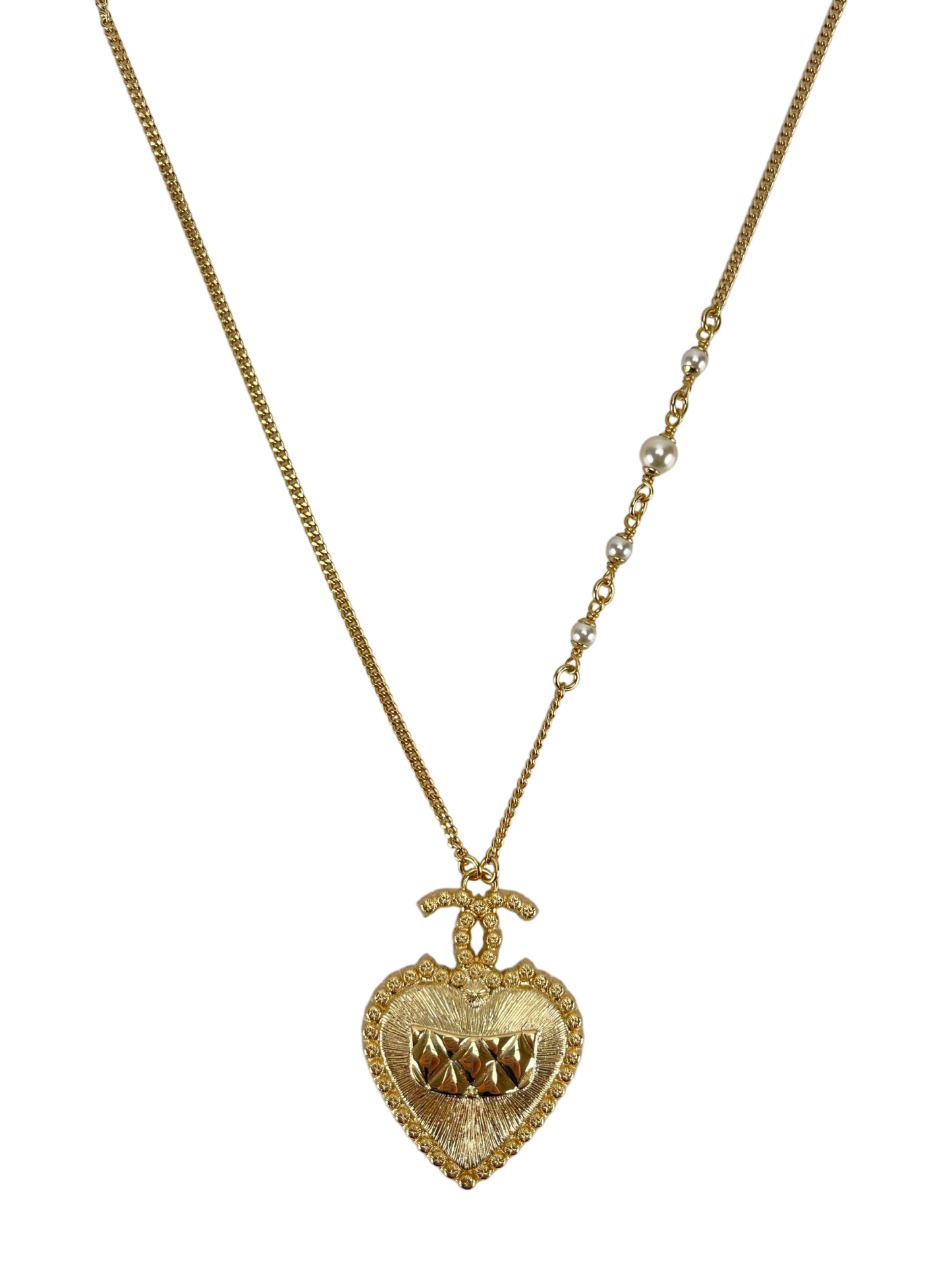 CHANEL - 24A Gold Crystal Pearl Pendant Heart Long Necklace