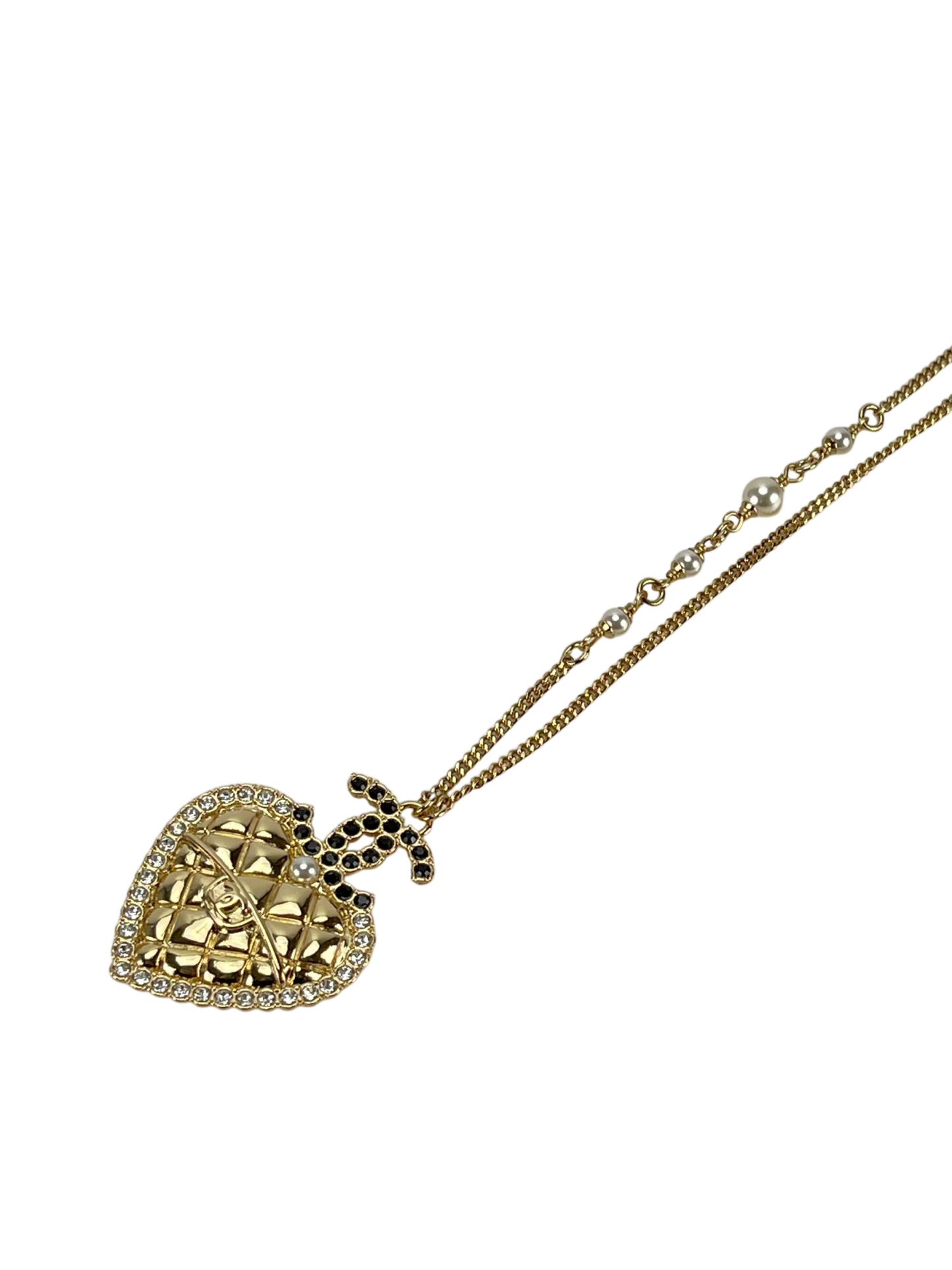 CHANEL - 24A Gold Crystal Pearl Pendant Heart Long Necklace