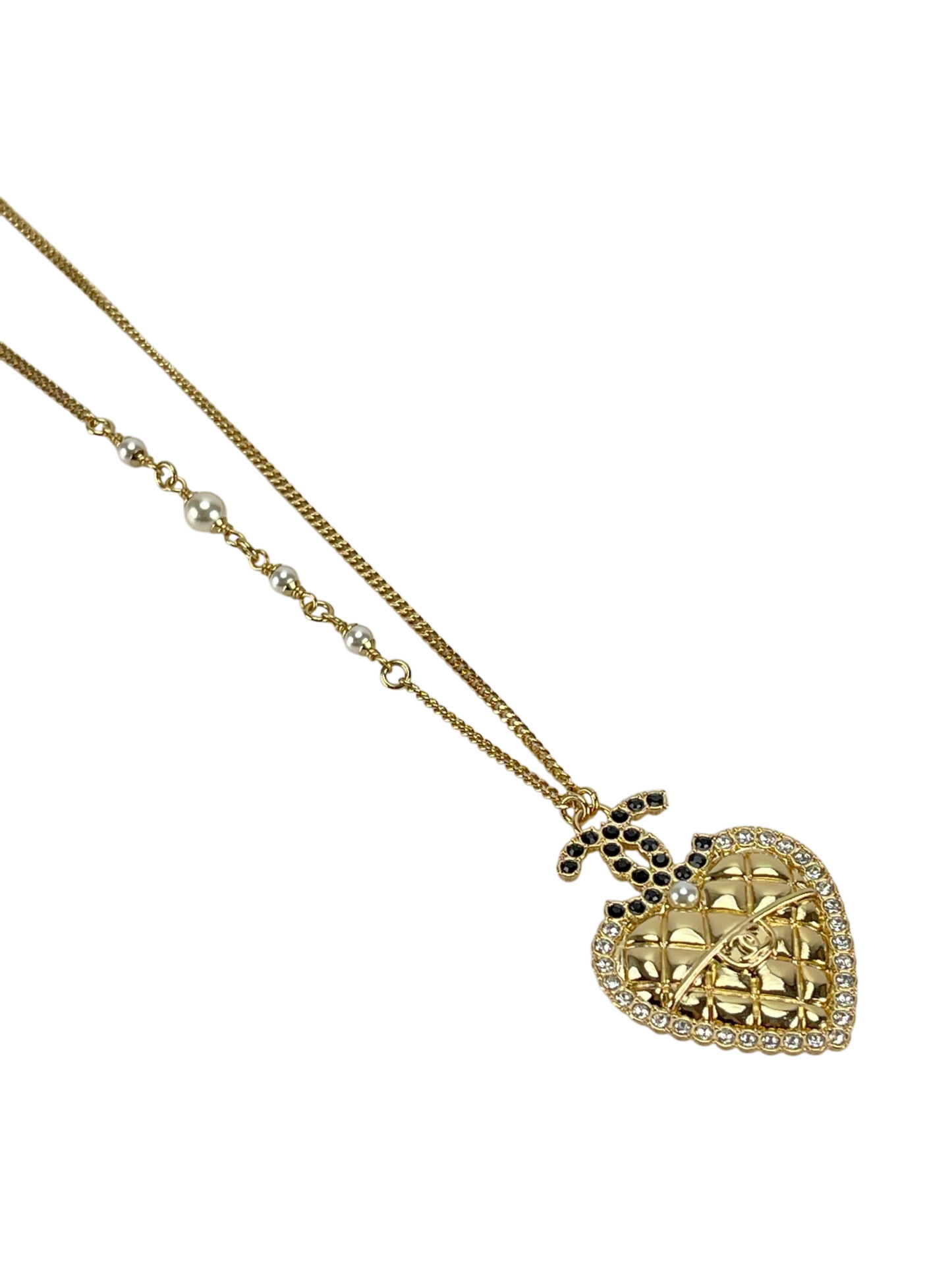 CHANEL - 24A Gold Crystal Pearl Pendant Heart Long Necklace