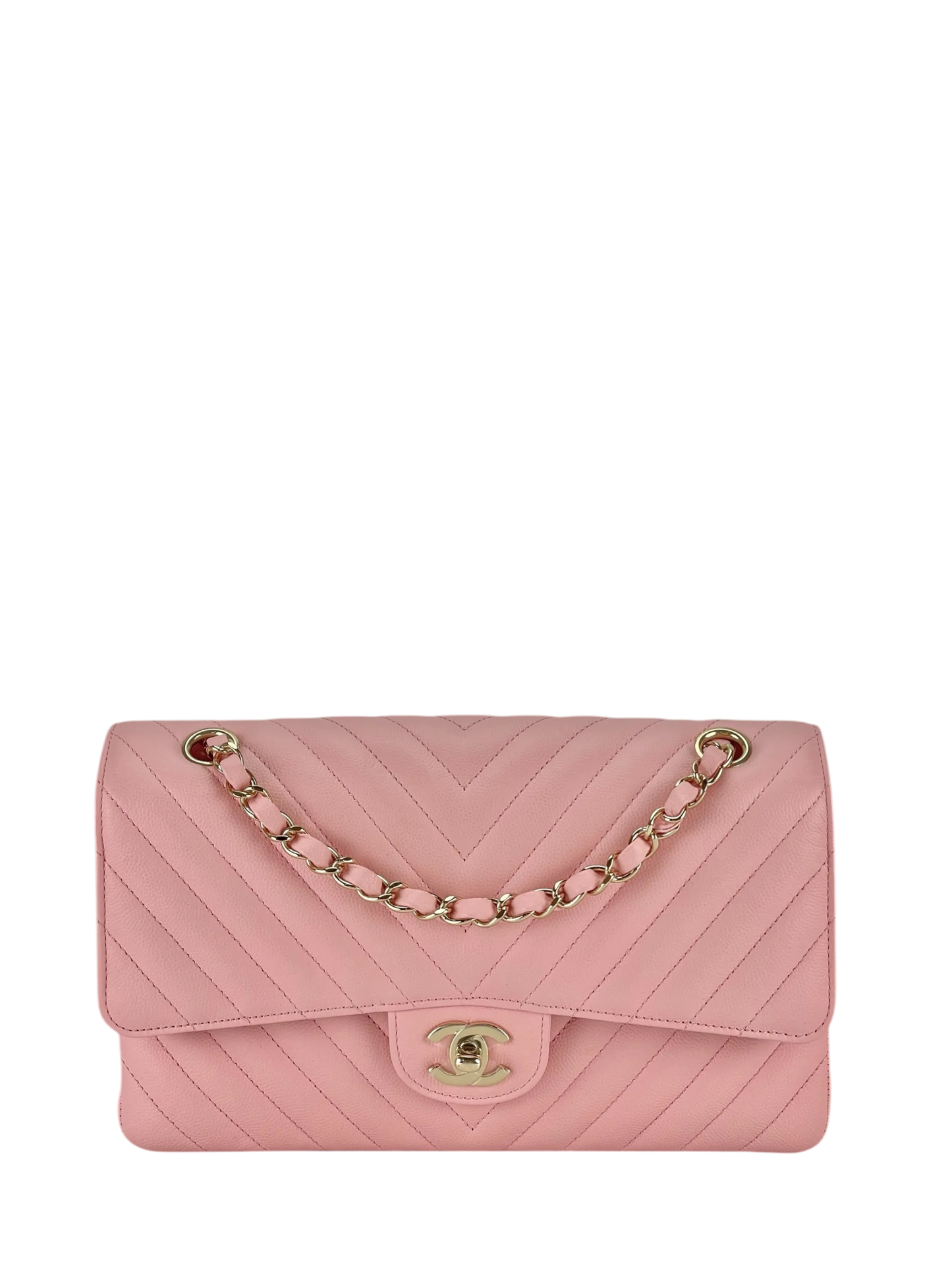 CHANEL - Chevron Quilted Small Double Flap Pink Caviar