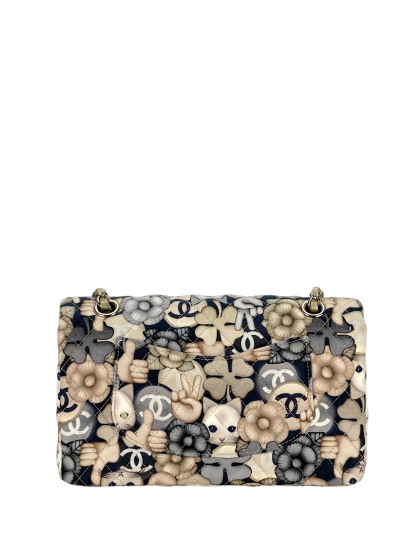 CHANEL - Medium Classic Double Flap Bag Cat Emoticon Navy Gold Nylon Gold Hardware (CF25)