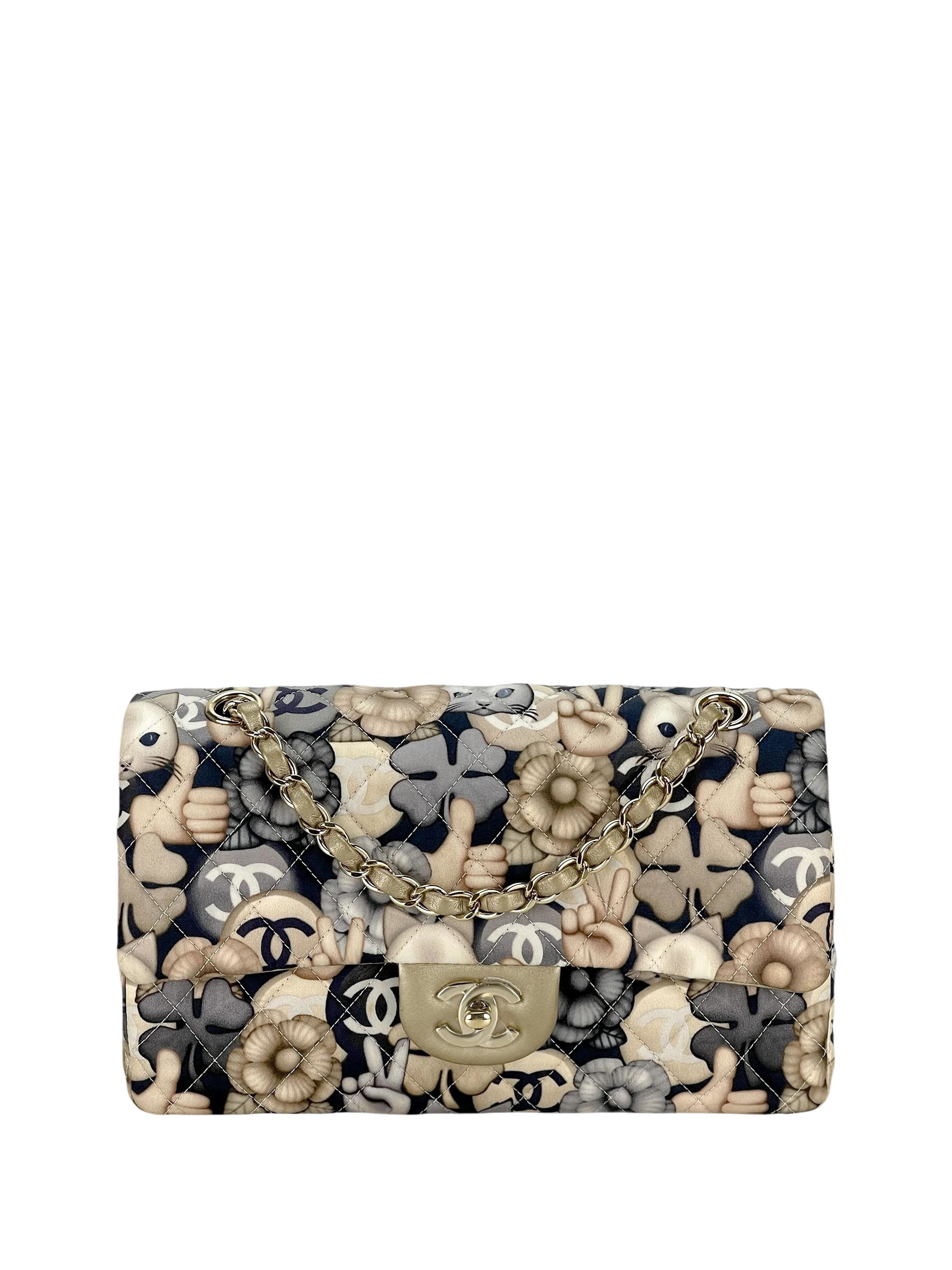 CHANEL - Medium Classic Double Flap Bag Cat Emoticon Navy Gold Nylon Gold Hardware (CF25)