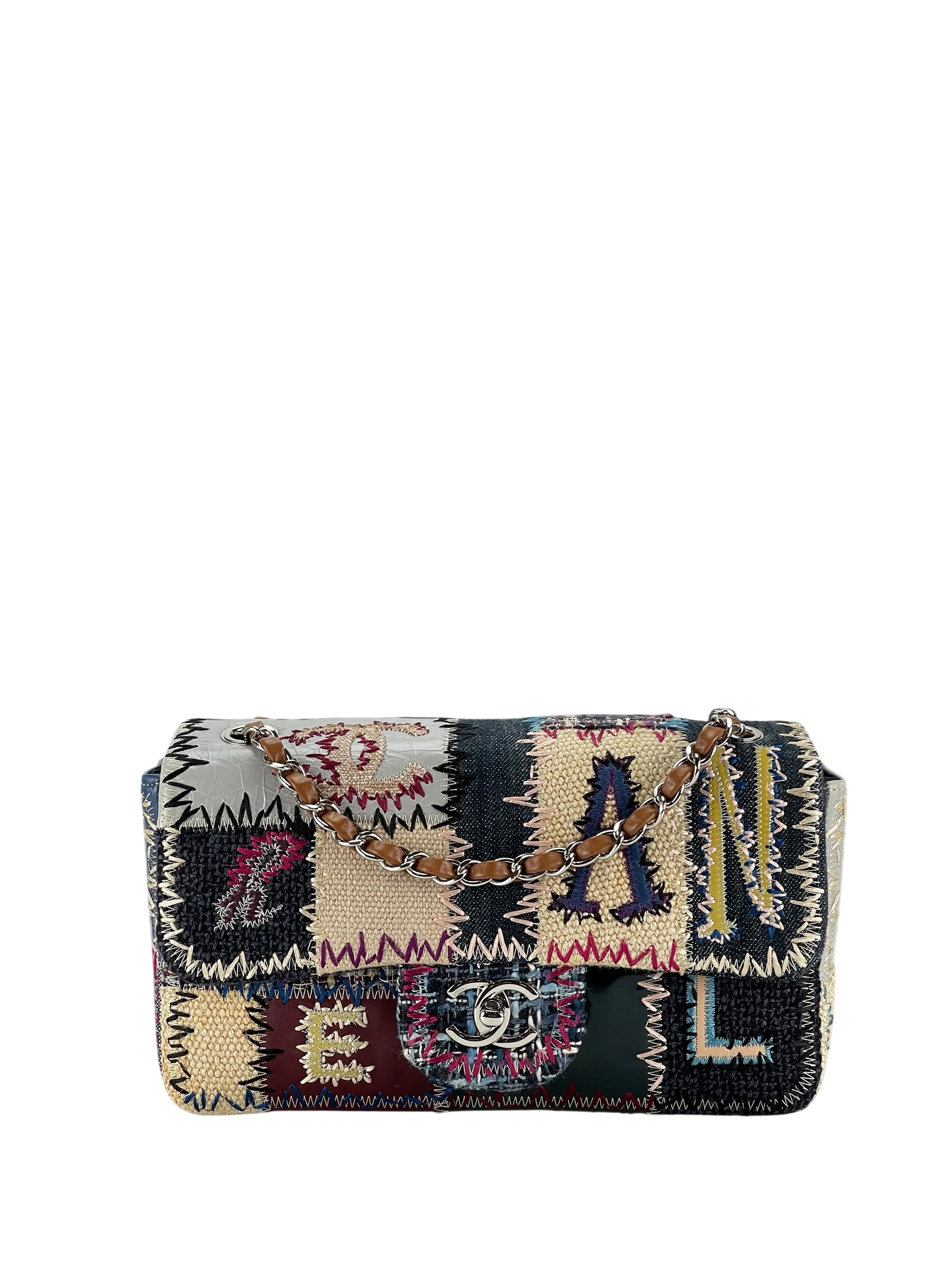 CHANEL - 2012 Patchwork Tweed Classic Flap Double Chain Shoulder Bag (CF25)
