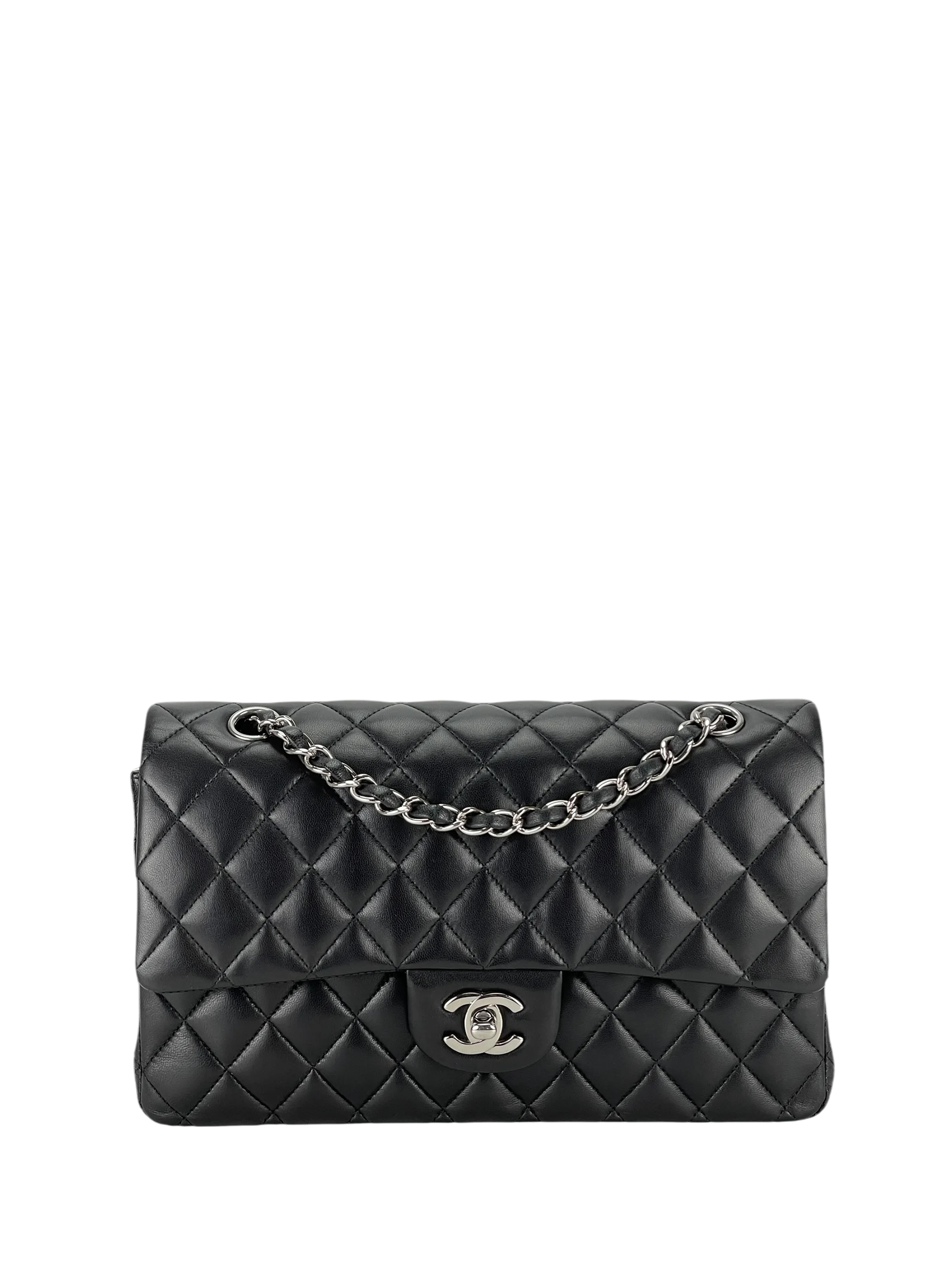 CHANEL - Medium Classic Double Flap Black Lambskin Silver Hardware