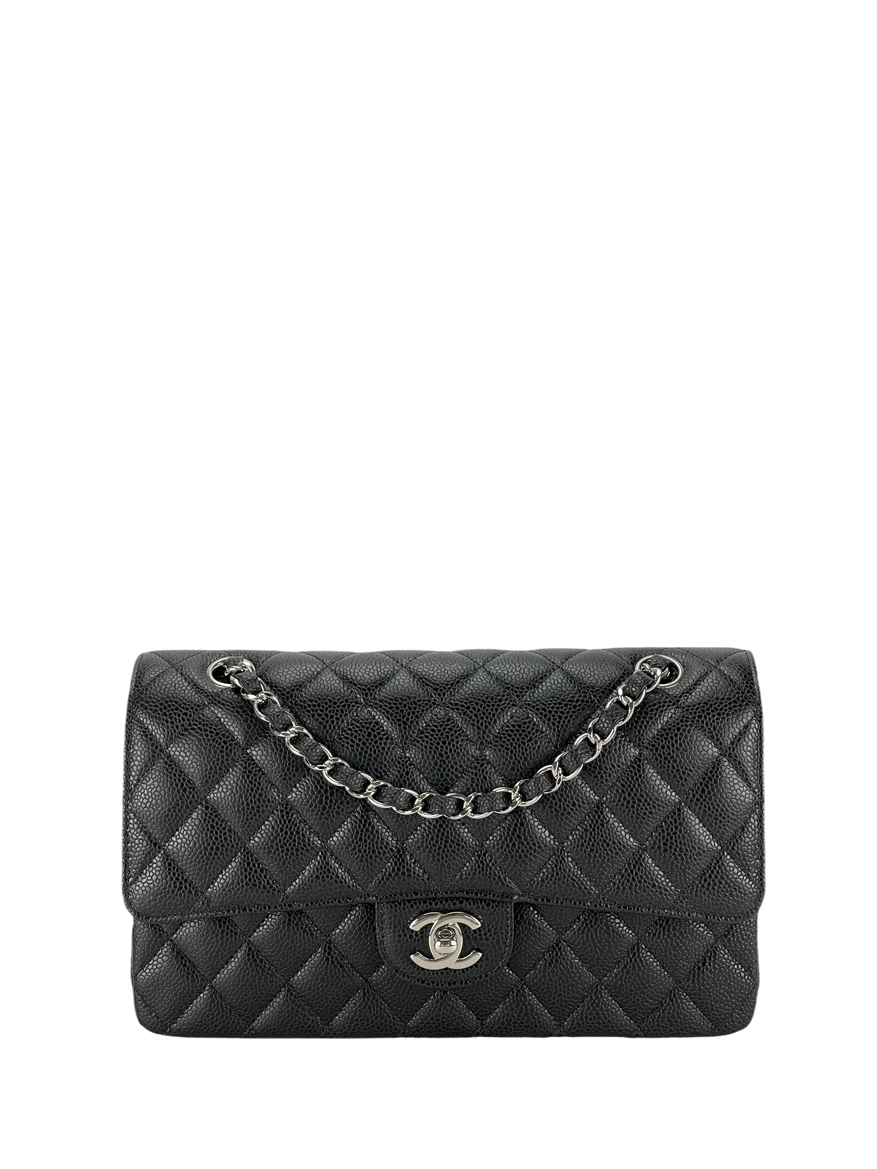 CHANEL - Medium Classic Double Flap Bag Black Caviar Sliver Hardware (CF25)