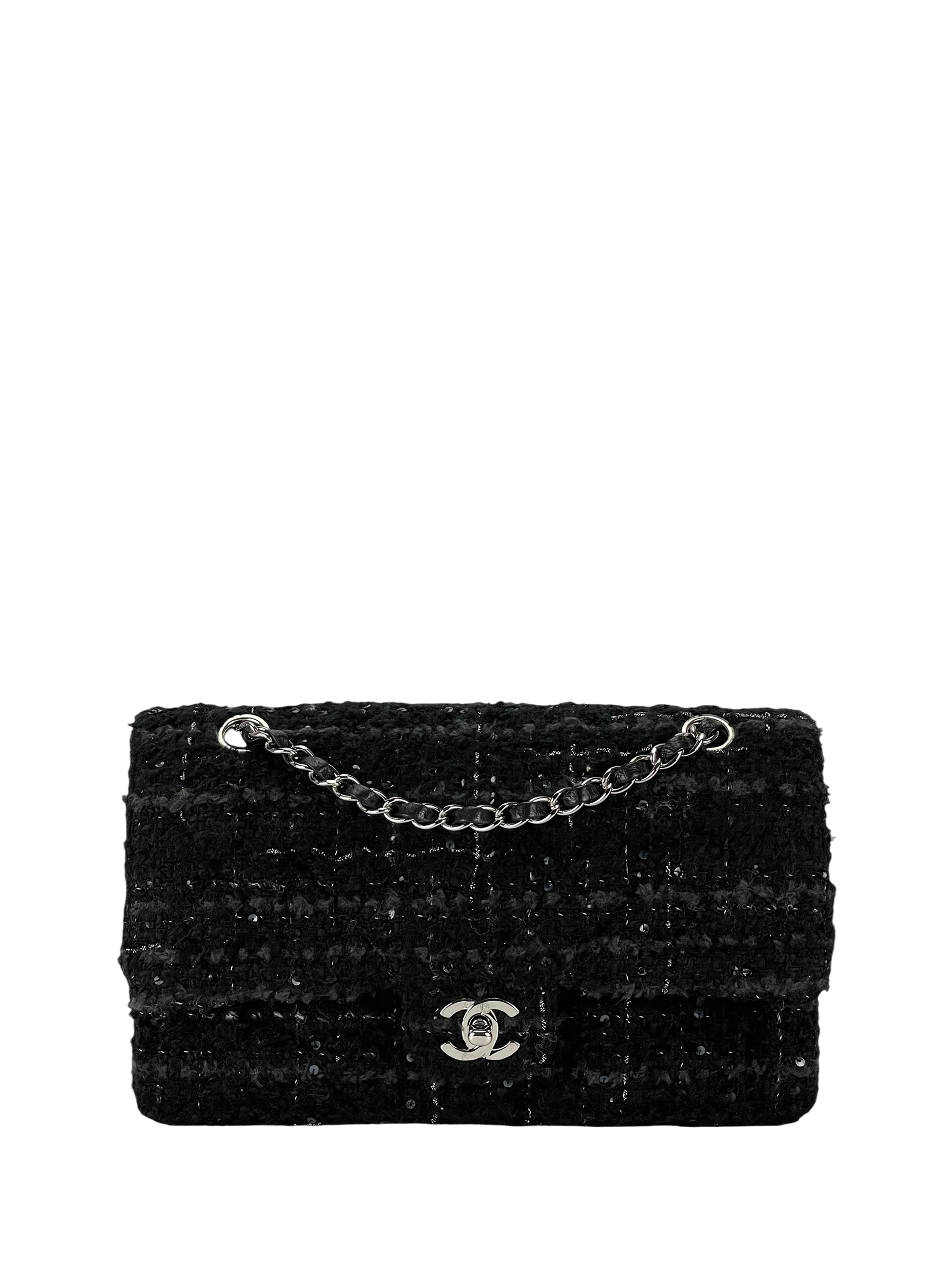 CHANEL - Medium Classic Double Flap Bag Tasche Quilted Tweed Mit Pailletten 