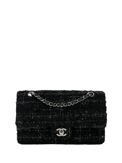 CHANEL - Medium Classic Double Flap Bag Tasche Quilted Tweed Mit Pailletten 